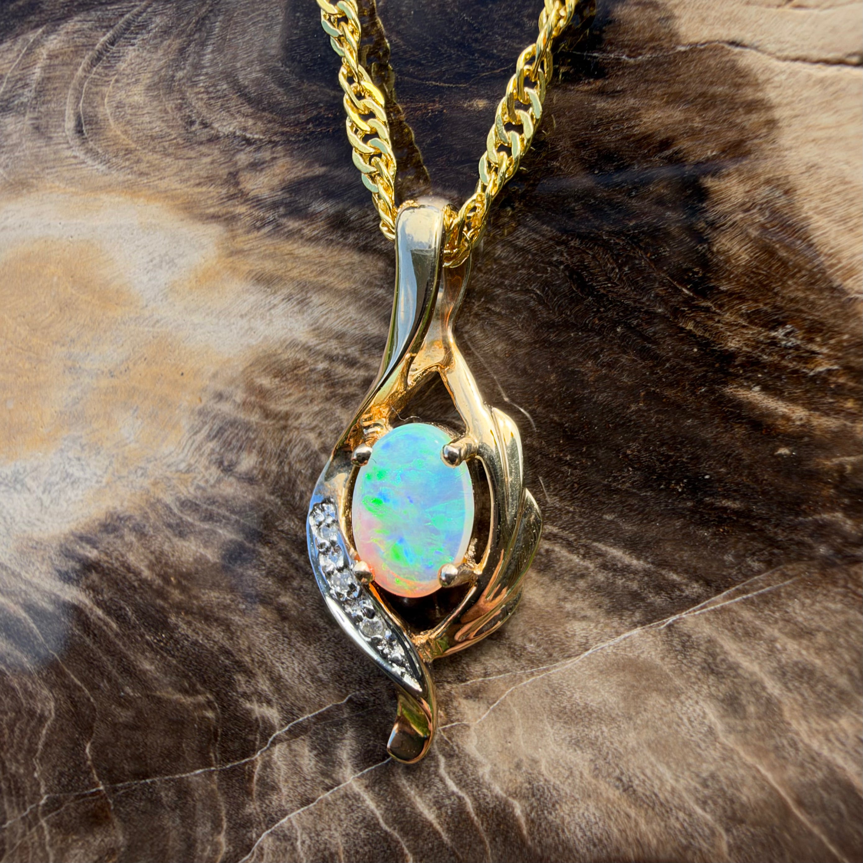 0.6ct Coober Pedy Opal & Diamond Pendant Necklace ~ 'Queenscliff Sparkle' | 14ct Yellow Gold | Solid Australian Opal