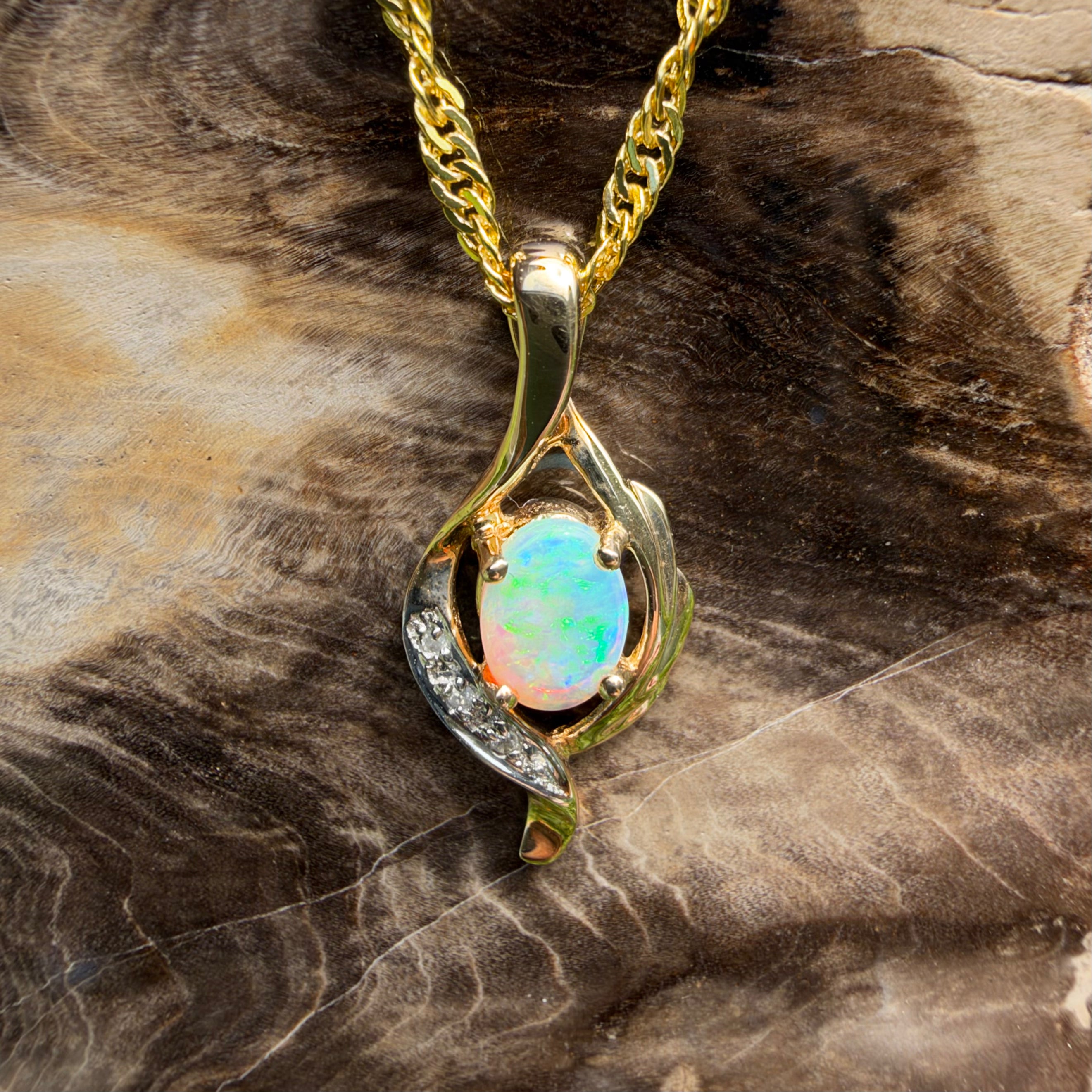 0.6ct Coober Pedy Opal & Diamond Pendant Necklace ~ 'Queenscliff Sparkle' | 14ct Yellow Gold | Solid Australian Opal