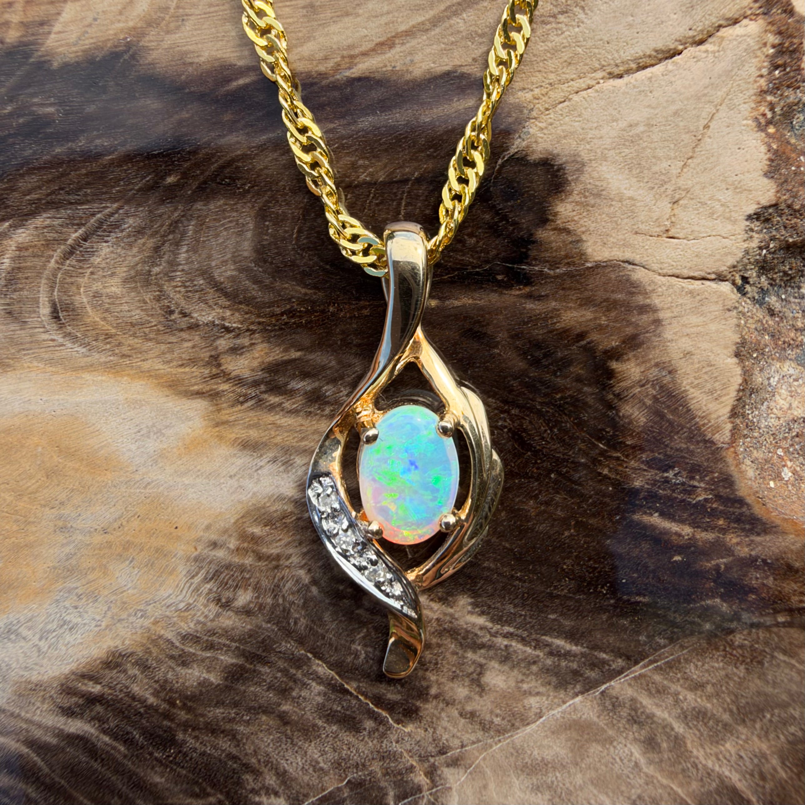 0.6ct Coober Pedy Opal & Diamond Pendant Necklace ~ 'Queenscliff Sparkle' | 14ct Yellow Gold | Solid Australian Opal