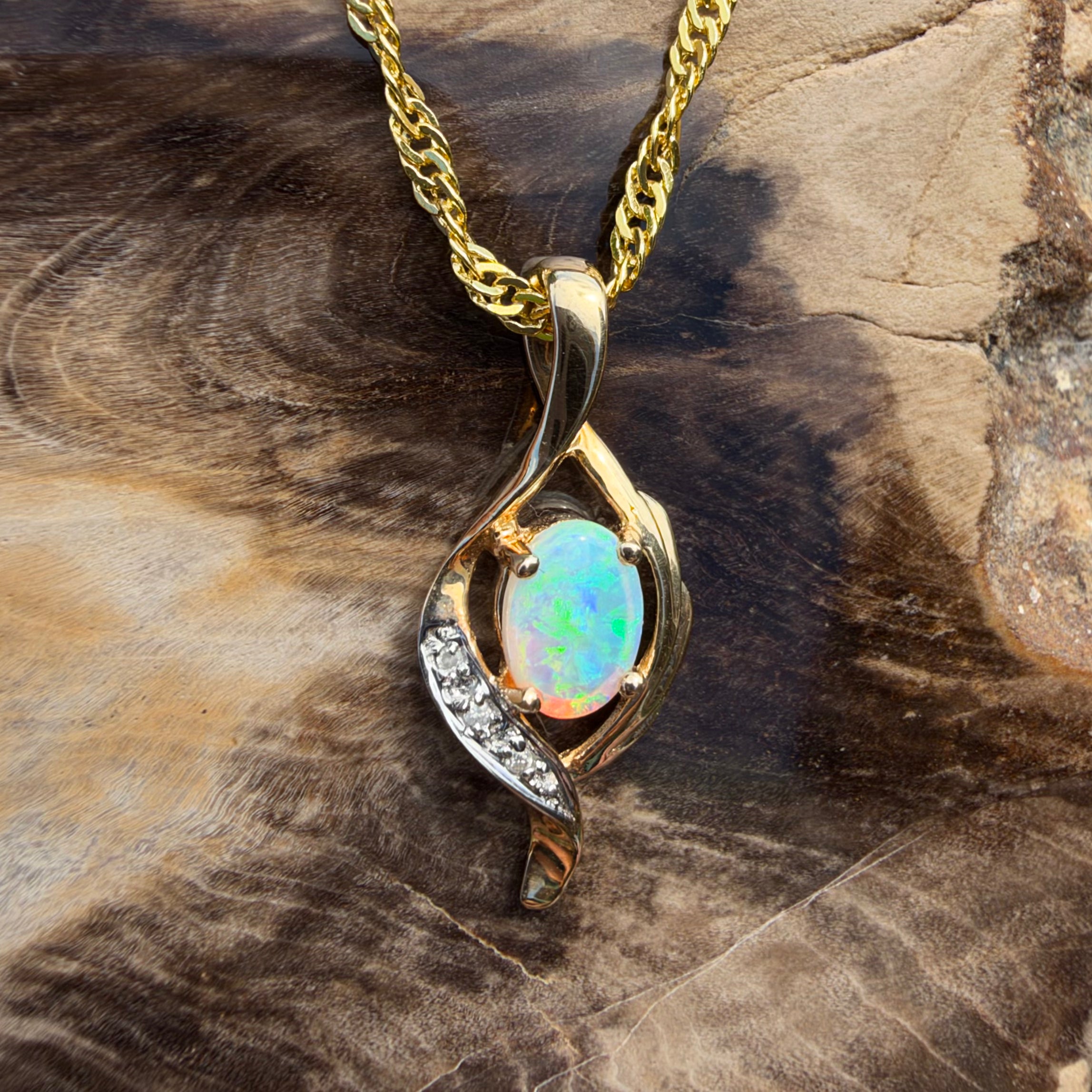 0.6ct Coober Pedy Opal & Diamond Pendant Necklace ~ 'Queenscliff Sparkle' | 14ct Yellow Gold | Solid Australian Opal