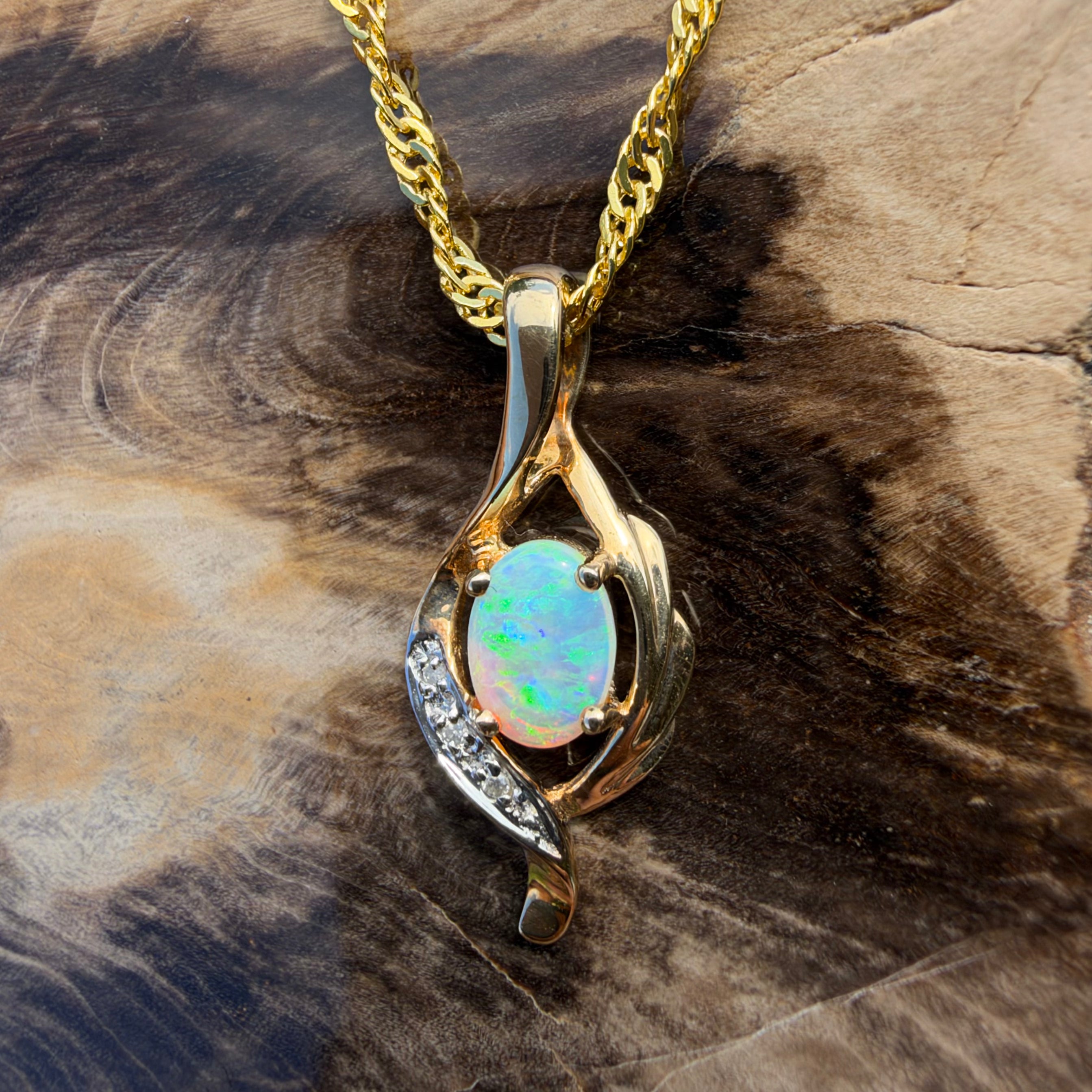 0.6ct Coober Pedy Opal & Diamond Pendant Necklace ~ 'Queenscliff Sparkle' | 14ct Yellow Gold | Solid Australian Opal