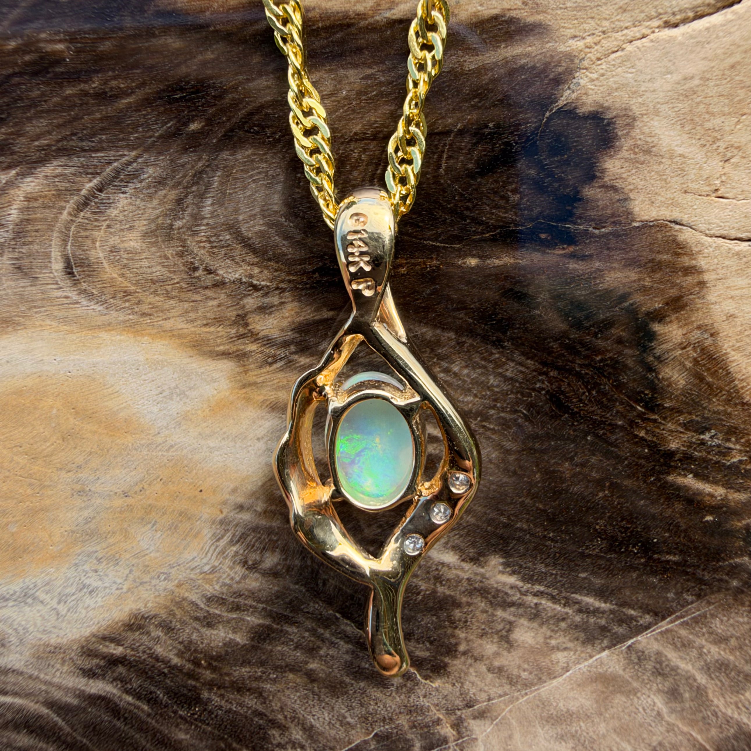 0.6ct Coober Pedy Opal & Diamond Pendant Necklace ~ 'Queenscliff Sparkle' | 14ct Yellow Gold | Solid Australian Opal