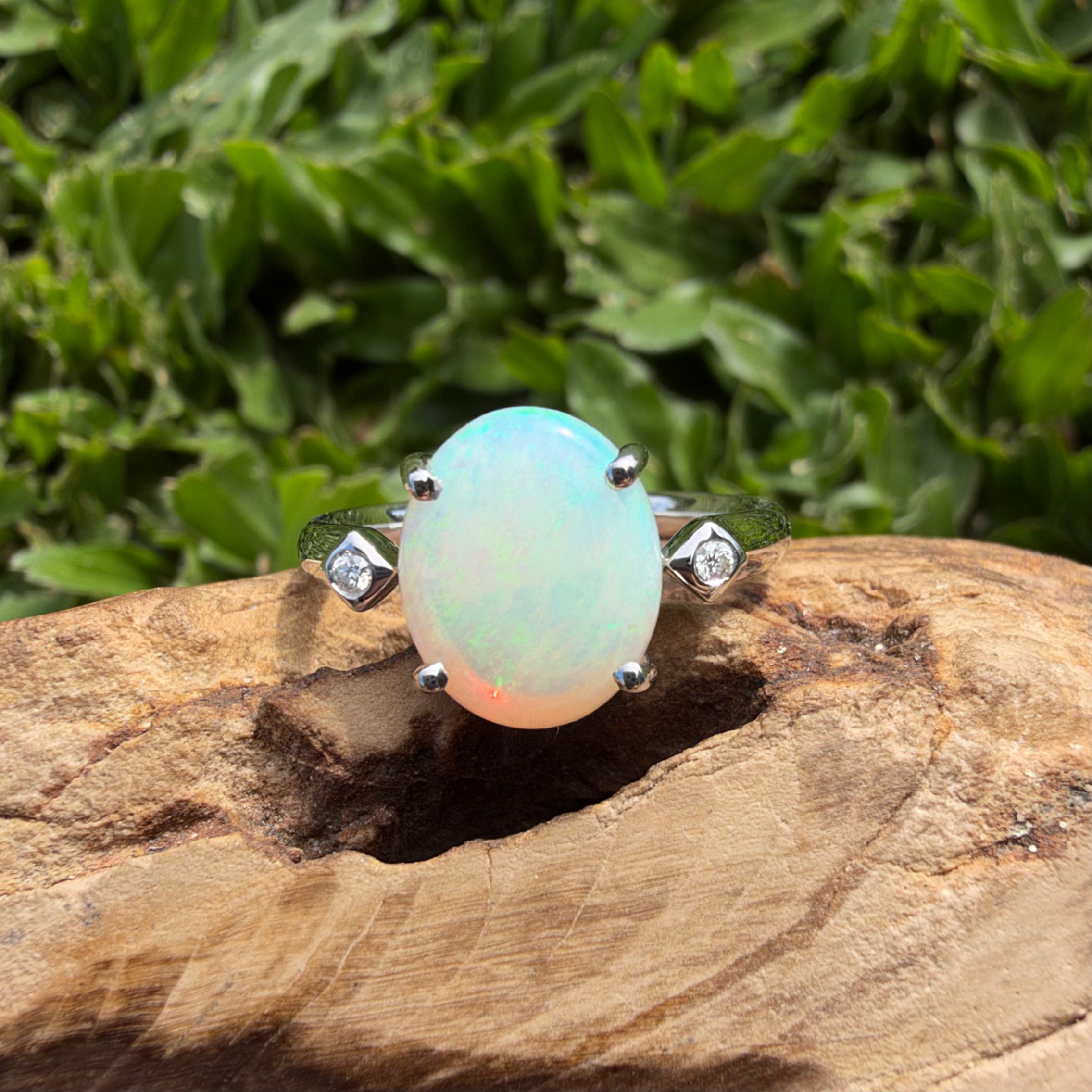 2.7ct Coober Pedy Opal & Diamond Ring ~ 'Whitehaven Shallows' | 925 Sterling Silver | Solid Australian Opal