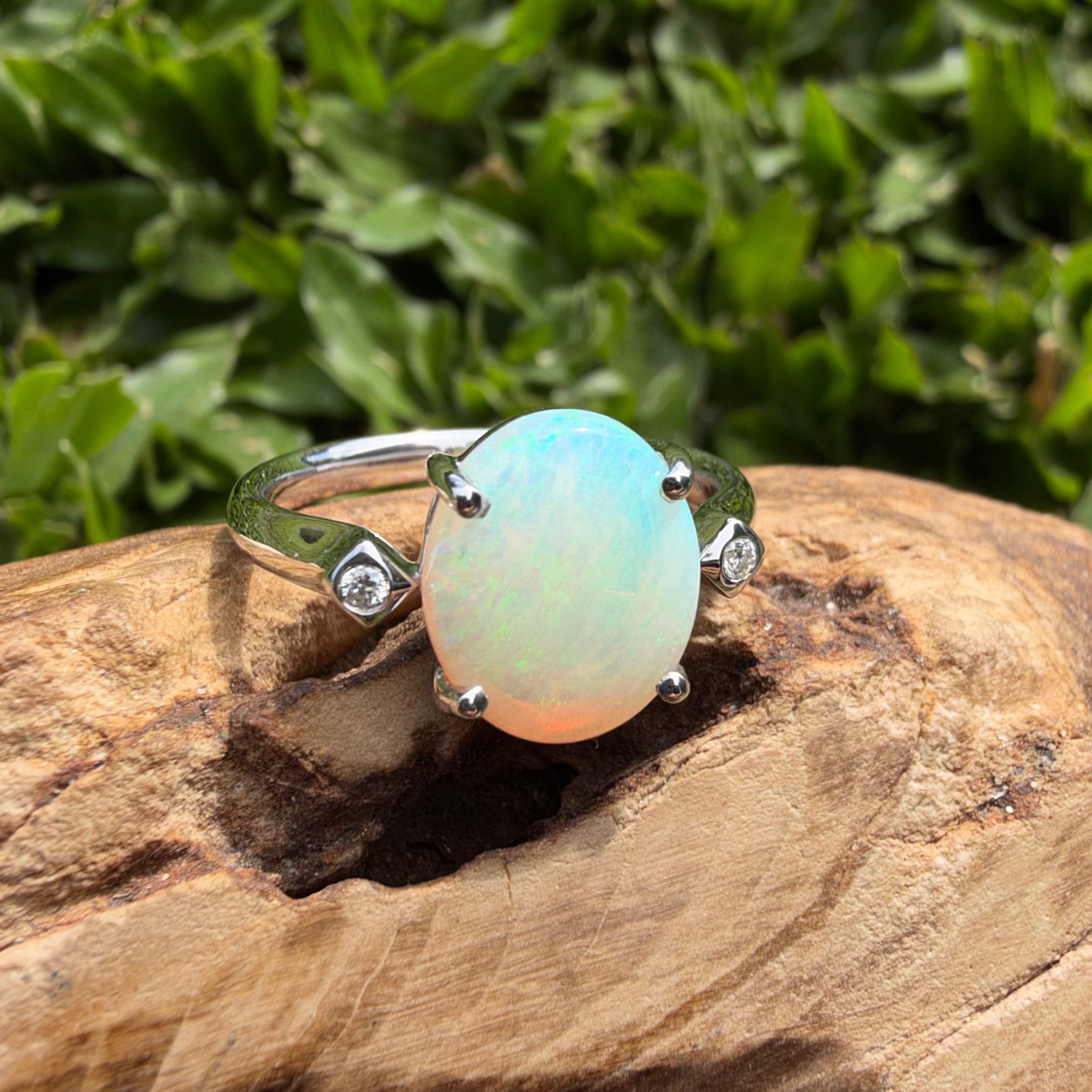 2.7ct Coober Pedy Opal & Diamond Ring ~ 'Whitehaven Shallows' | 925 Sterling Silver | Solid Australian Opal