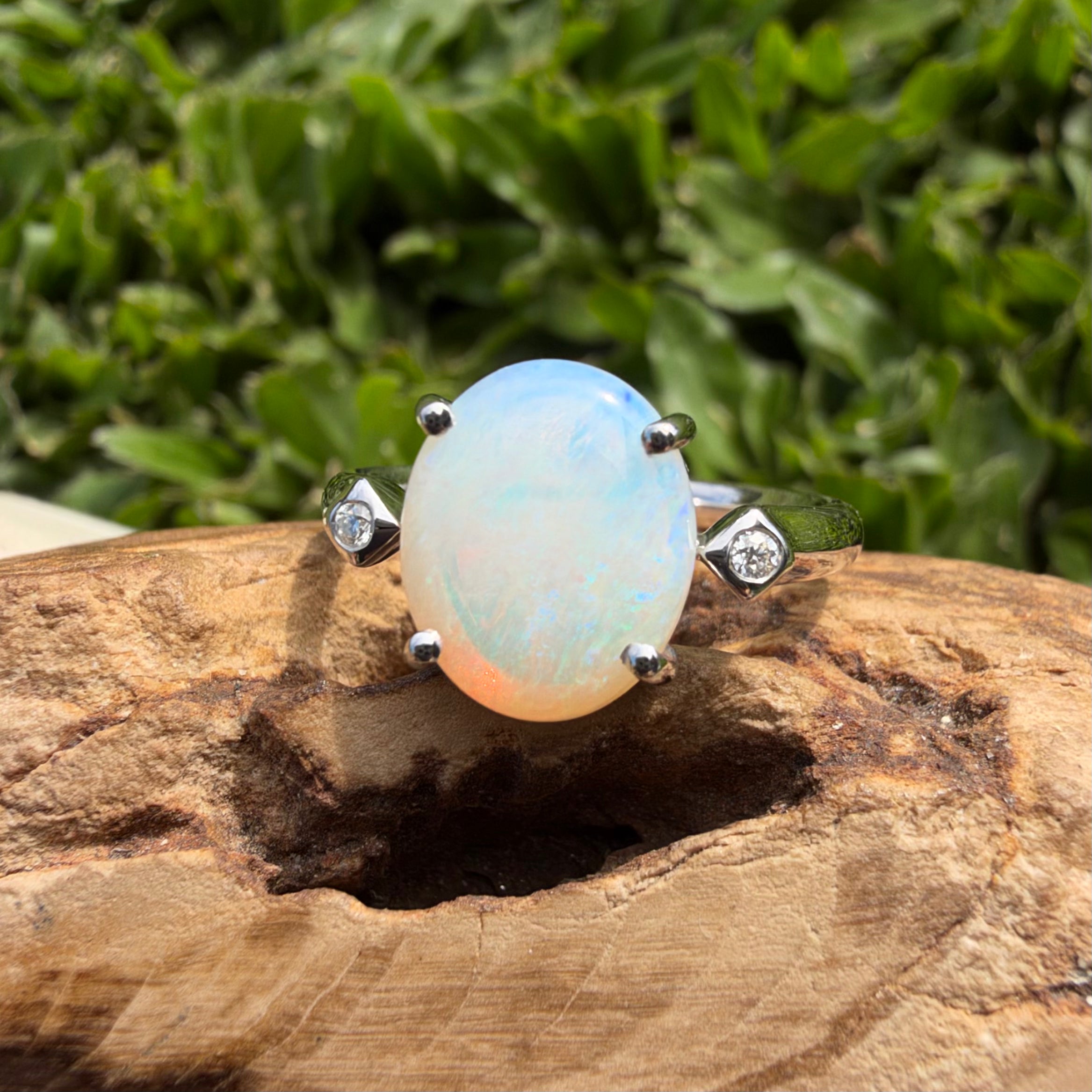 2.7ct Coober Pedy Opal & Diamond Ring ~ 'Whitehaven Shallows' | 925 Sterling Silver | Solid Australian Opal