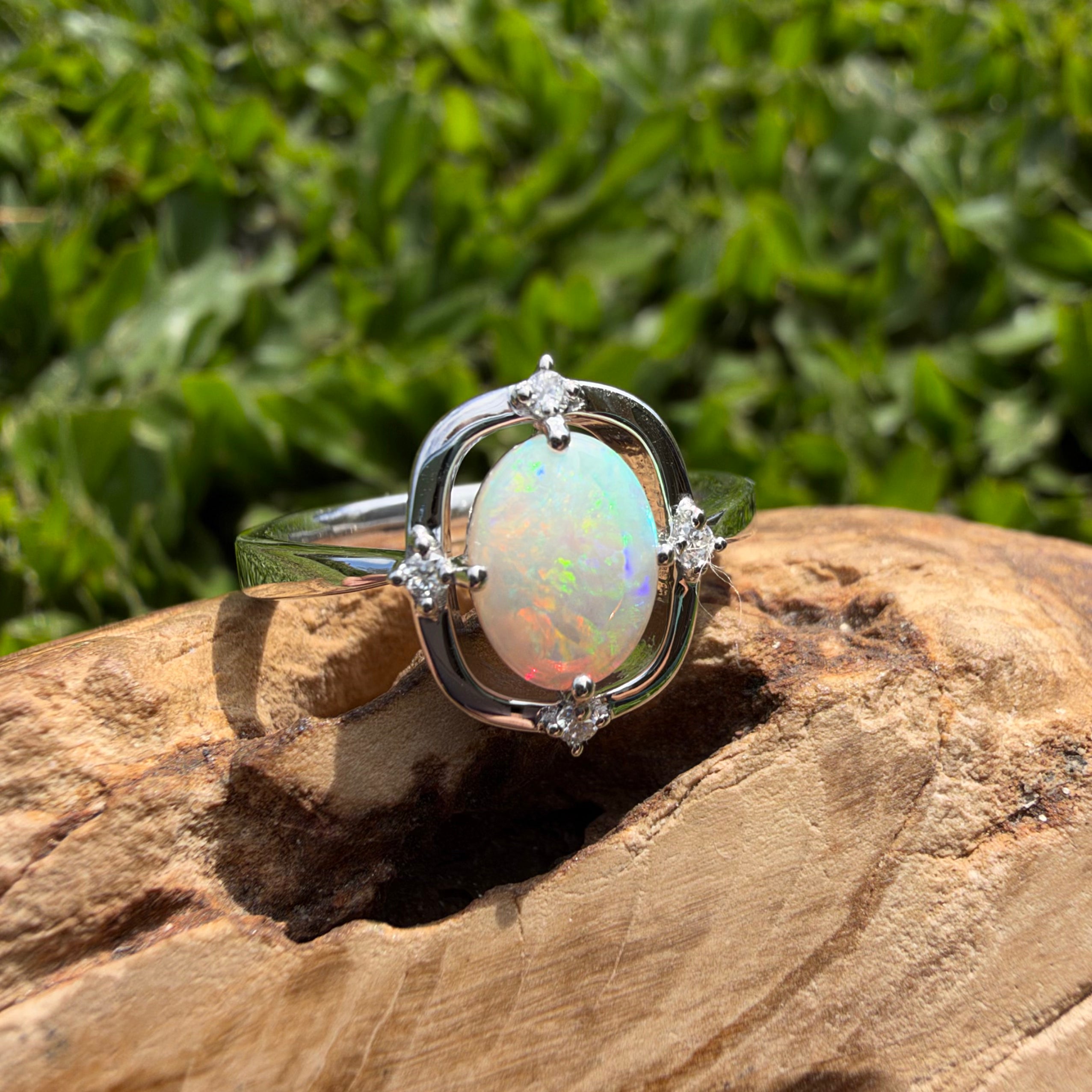 0.9ct Coober Pedy Opal & Diamond Ring ~ 'Lake Eyre Saltglow' | 925 Sterling Silver | Solid Australian Opal