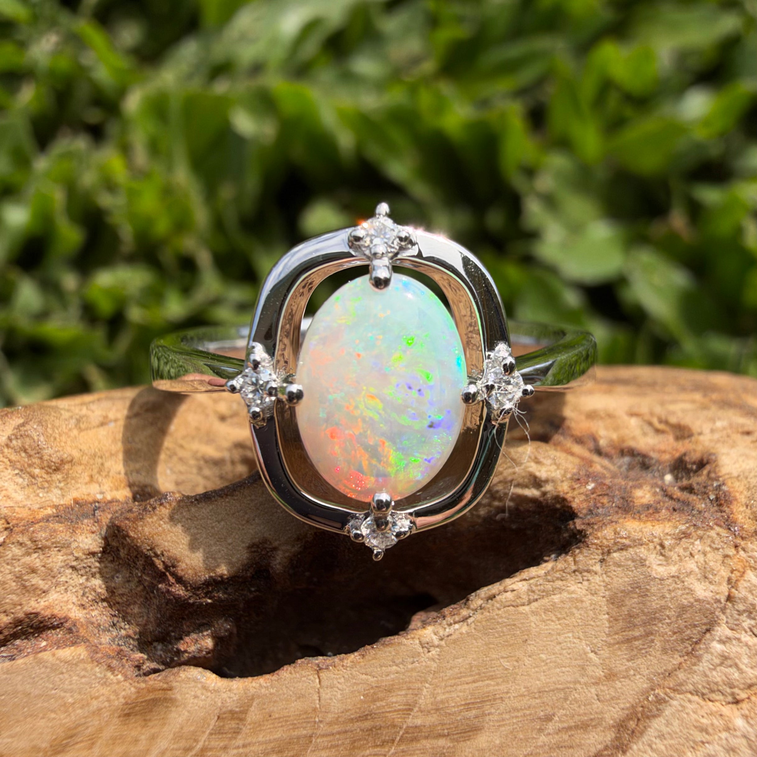 0.9ct Coober Pedy Opal & Diamond Ring ~ 'Lake Eyre Saltglow' | 925 Sterling Silver | Solid Australian Opal