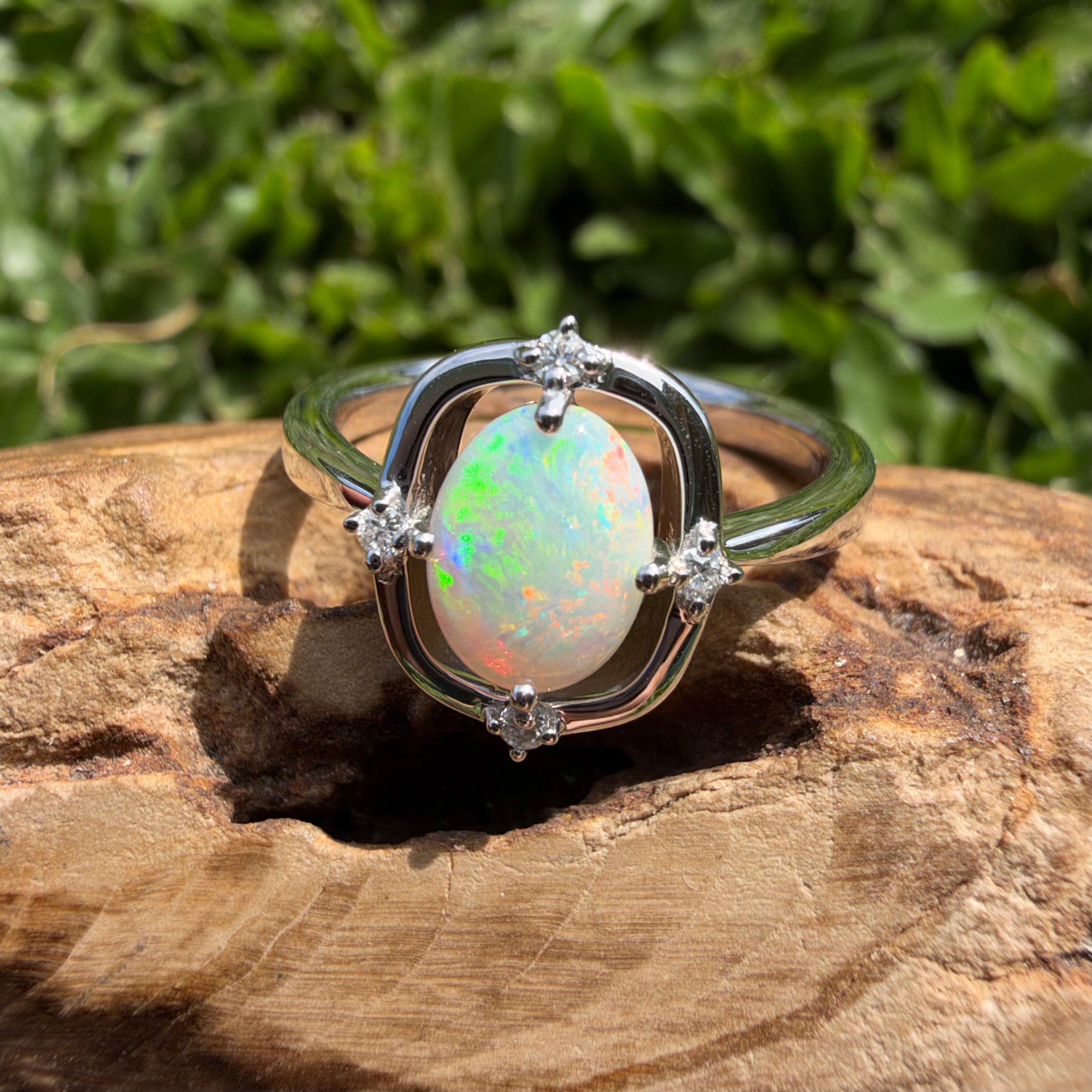 0.9ct Coober Pedy Opal & Diamond Ring ~ 'Lake Eyre Saltglow' | 925 Sterling Silver | Solid Australian Opal