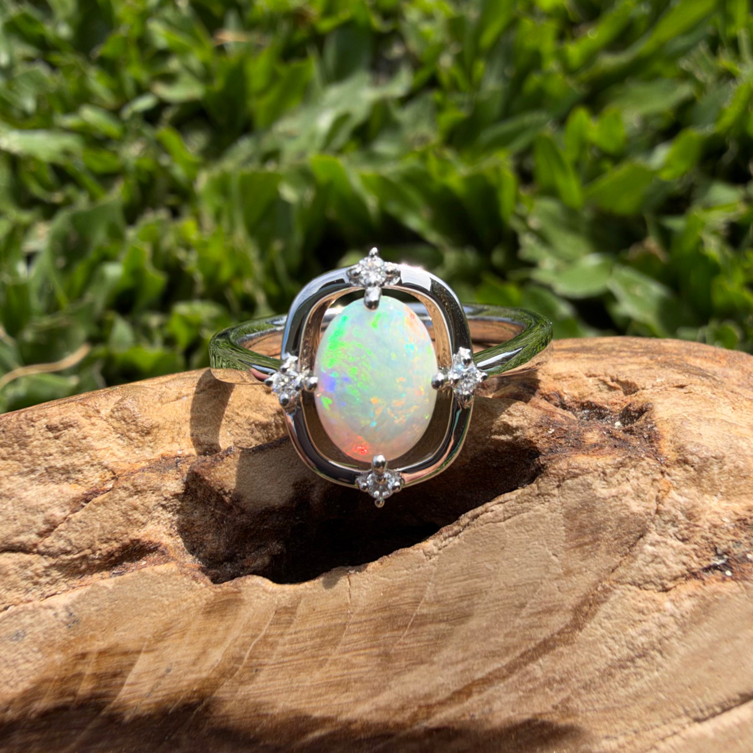 0.9ct Coober Pedy Opal & Diamond Ring ~ 'Lake Eyre Saltglow' | 925 Sterling Silver | Solid Australian Opal