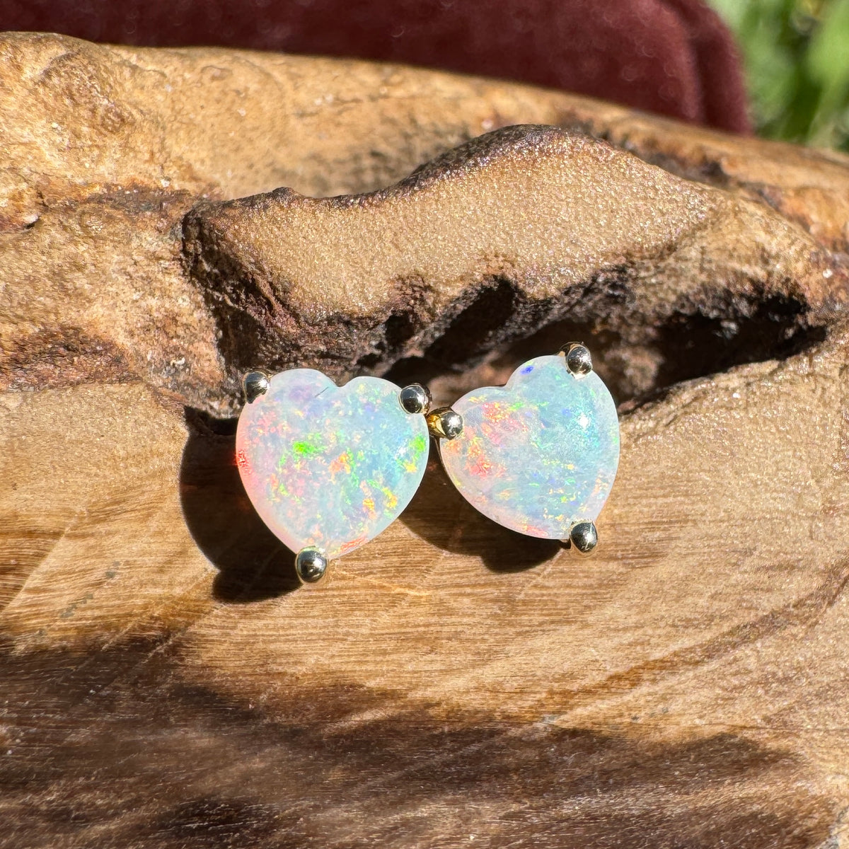 0.5ct Coober Pedy Opal Stud Earrings ~ 'Hinchinbrook Firelight' | 9ct Yellow Gold | Solid Australian Opal