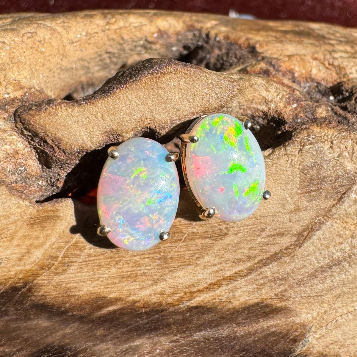 1.2ct Coober Pedy Opal Stud Earrings ~ 'Warrumbungle Spectrum' | 14ct Yellow Gold | Solid Australian Opal
