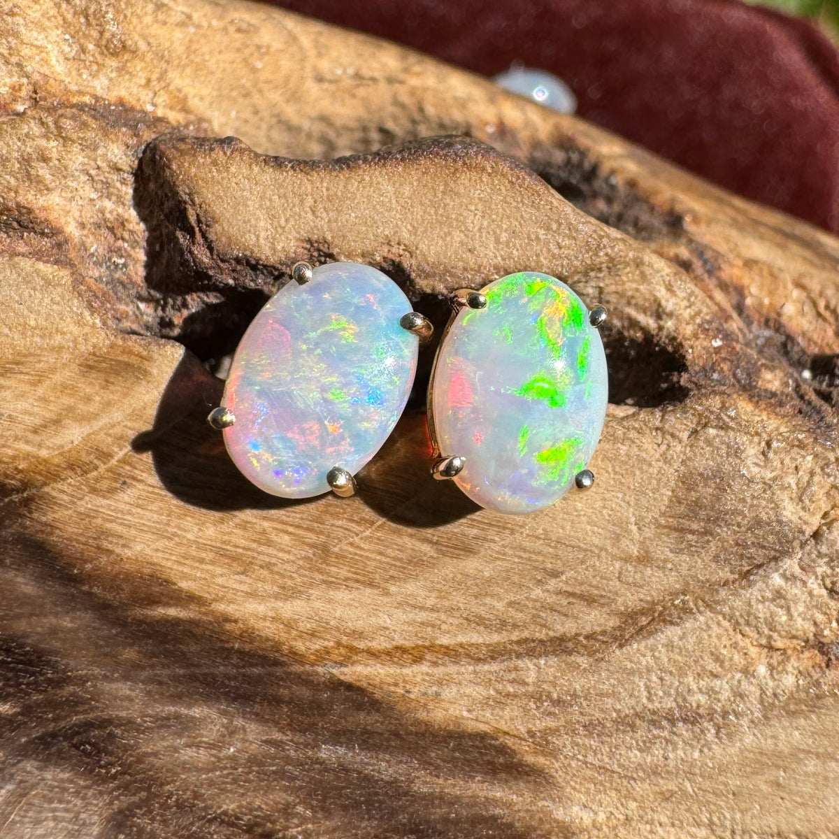1.2ct Coober Pedy Opal Stud Earrings ~ 'Warrumbungle Spectrum' | 14ct Yellow Gold | Solid Australian Opal