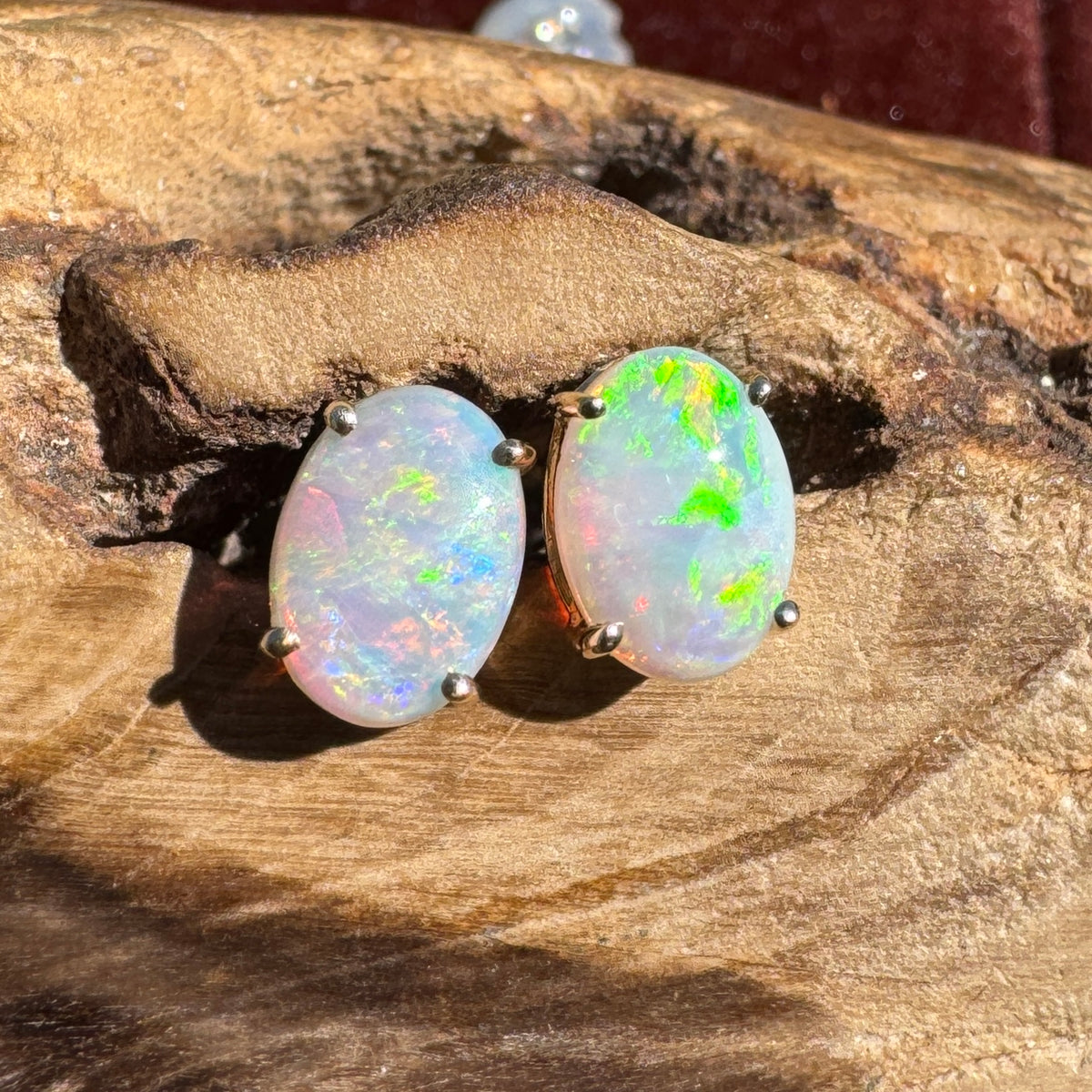 1.2ct Coober Pedy Opal Stud Earrings ~ 'Warrumbungle Spectrum' | 14ct Yellow Gold | Solid Australian Opal