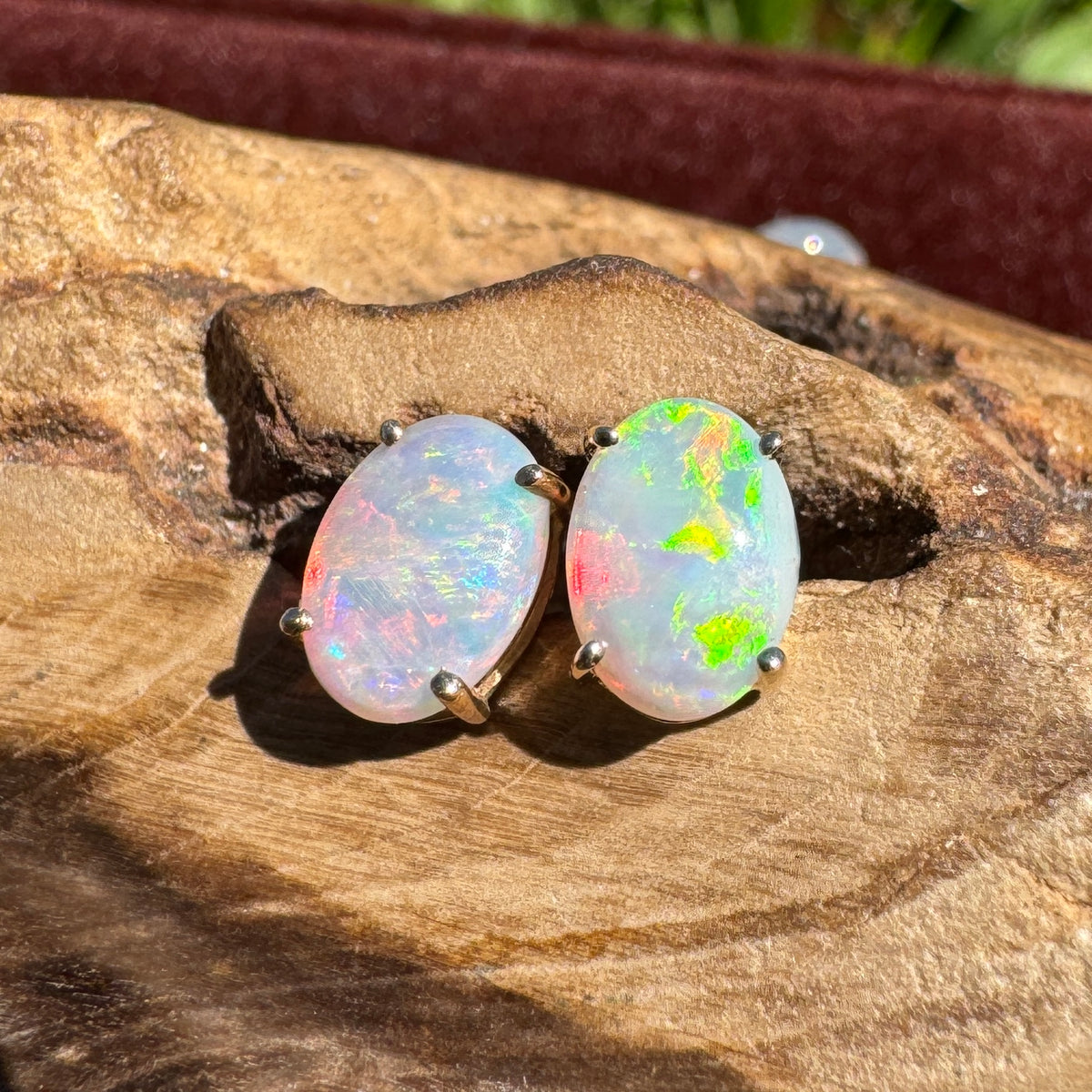 1.2ct Coober Pedy Opal Stud Earrings ~ 'Warrumbungle Spectrum' | 14ct Yellow Gold | Solid Australian Opal