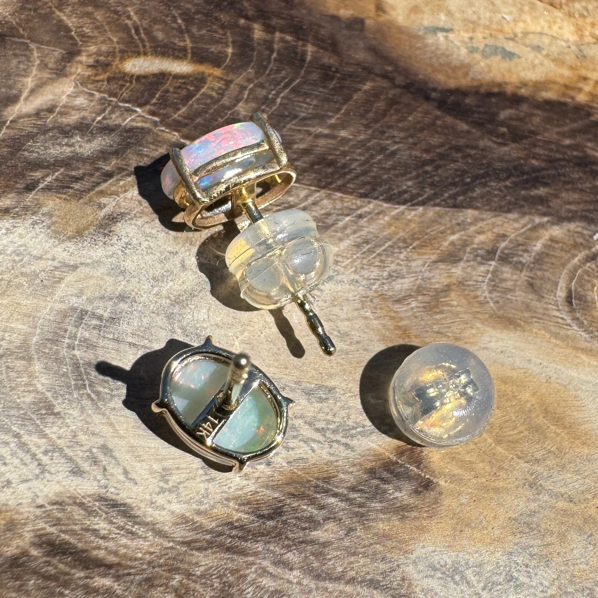 1.2ct Coober Pedy Opal Stud Earrings ~ 'Warrumbungle Spectrum' | 14ct Yellow Gold | Solid Australian Opal