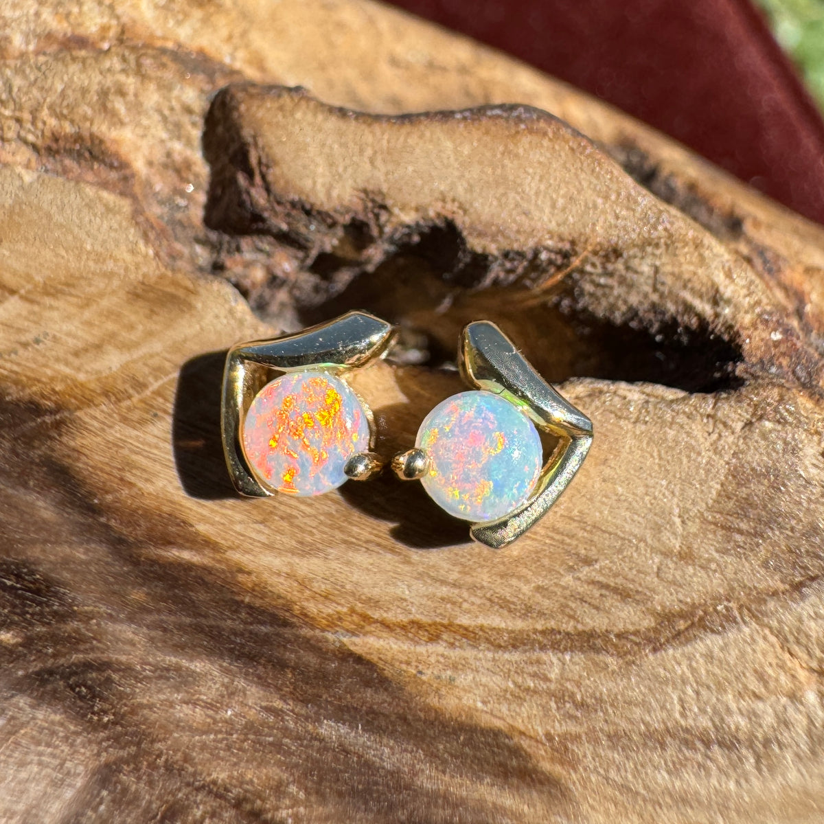 0.5ct Coober Pedy Opal Stud Earrings ~ 'Deua Prism' | 14ct Yellow Gold | Solid Australian Opal