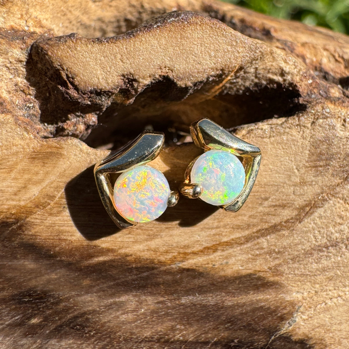 0.5ct Coober Pedy Opal Stud Earrings ~ 'Deua Prism' | 14ct Yellow Gold | Solid Australian Opal