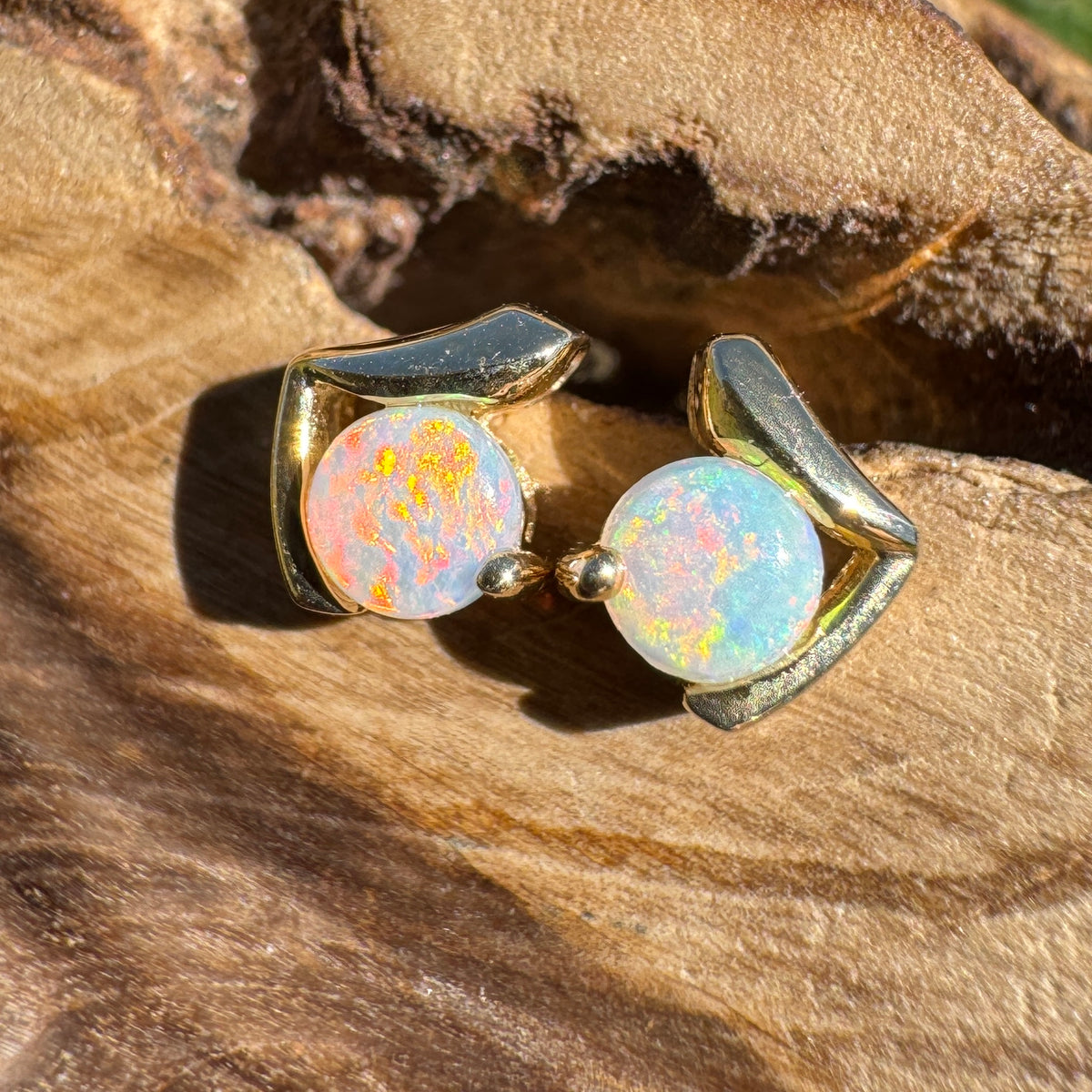 0.5ct Coober Pedy Opal Stud Earrings ~ 'Deua Prism' | 14ct Yellow Gold | Solid Australian Opal