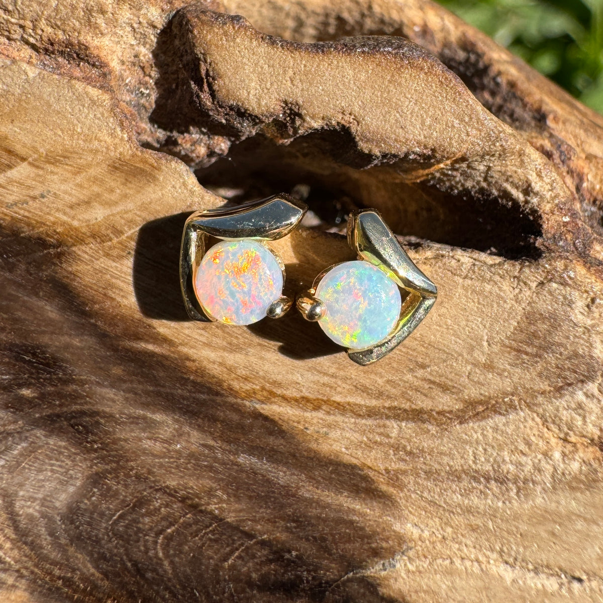 0.5ct Coober Pedy Opal Stud Earrings ~ 'Deua Prism' | 14ct Yellow Gold | Solid Australian Opal