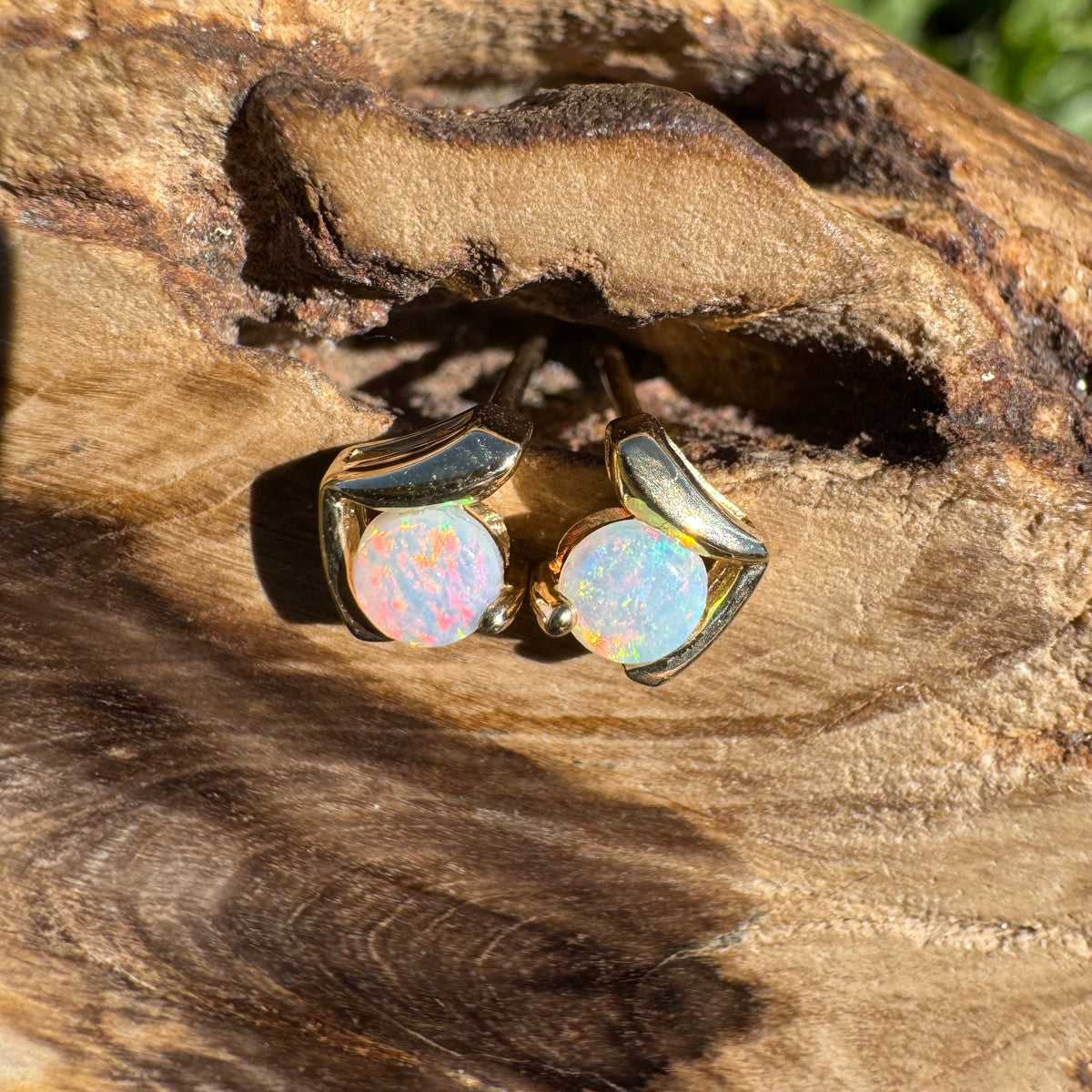 0.5ct Coober Pedy Opal Stud Earrings ~ 'Deua Prism' | 14ct Yellow Gold | Solid Australian Opal