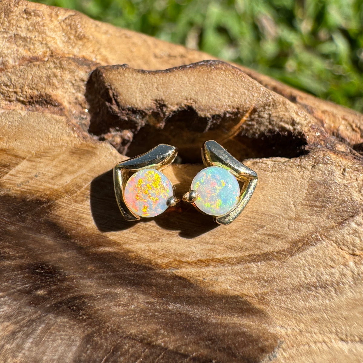 0.5ct Coober Pedy Opal Stud Earrings ~ 'Deua Prism' | 14ct Yellow Gold | Solid Australian Opal