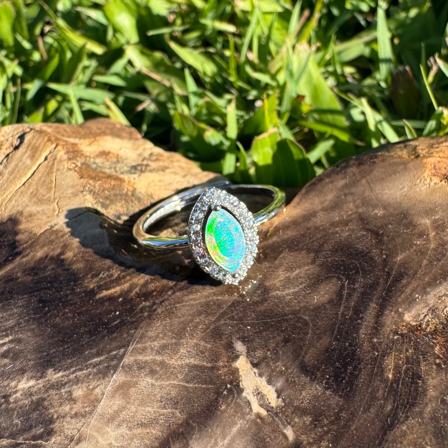 'Lagoon Blues' ~ Handcrafted 0.3ct Solid Lightning Ridge Opal and Cubic Zirconia Sterling Silver Ring - Iona Opal Australia