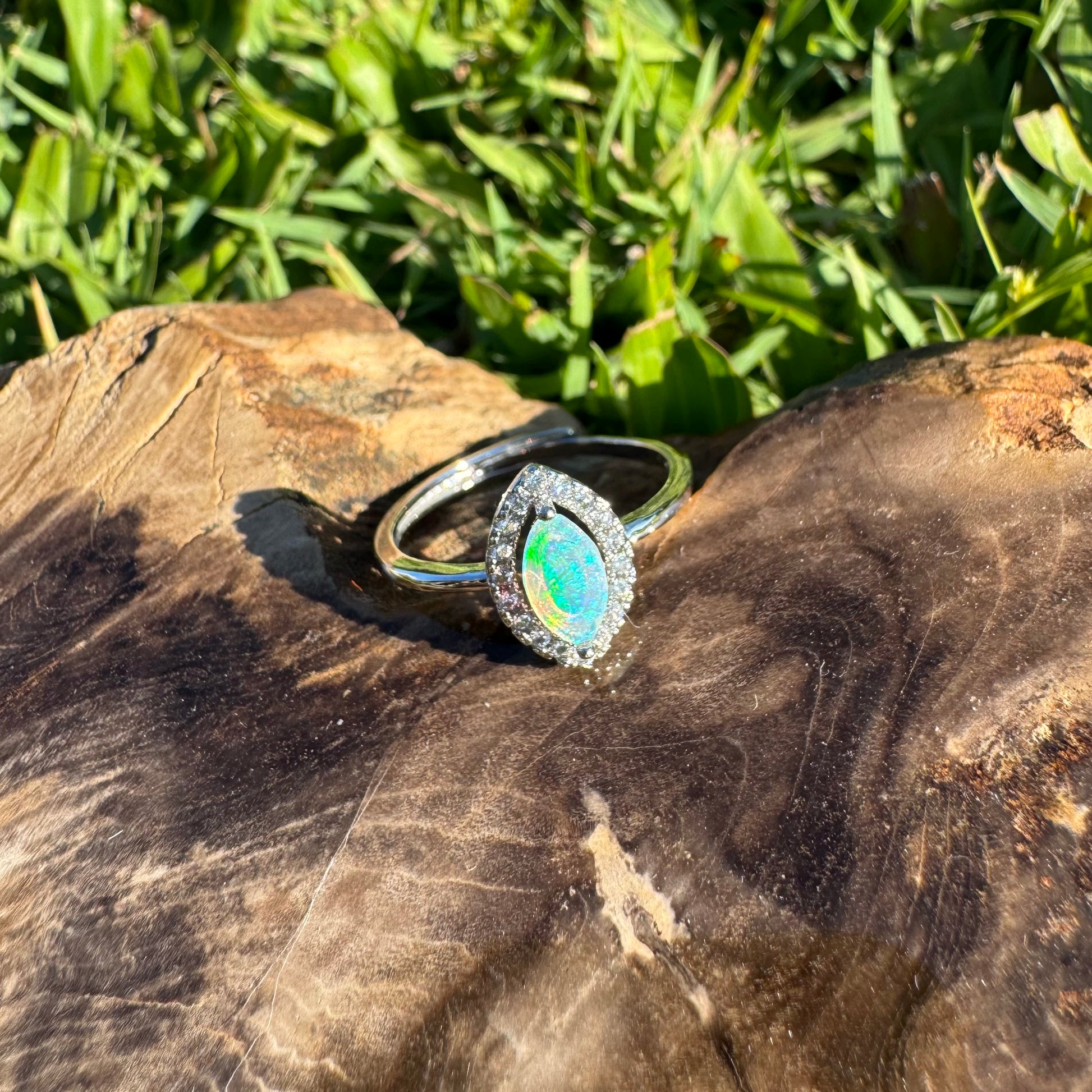 'Lagoon Blues' ~ Handcrafted 0.3ct Solid Lightning Ridge Opal and Cubic Zirconia Sterling Silver Ring - Iona Opal Australia