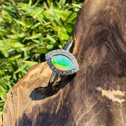 'Lagoon Blues' ~ Handcrafted 0.3ct Solid Lightning Ridge Opal and Cubic Zirconia Sterling Silver Ring - Iona Opal Australia