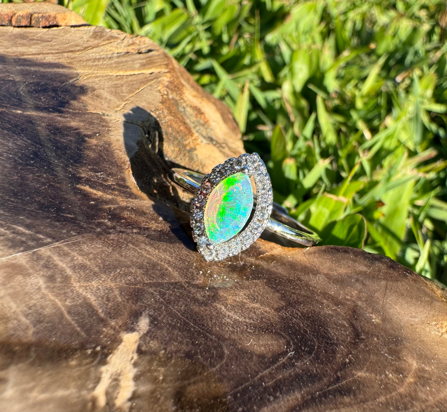 'Lagoon Blues' ~ Handcrafted 0.3ct Solid Lightning Ridge Opal and Cubic Zirconia Sterling Silver Ring - Iona Opal Australia