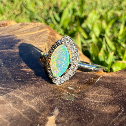 'Lagoon Blues' ~ Handcrafted 0.3ct Solid Lightning Ridge Opal and Cubic Zirconia Sterling Silver Ring - Iona Opal Australia