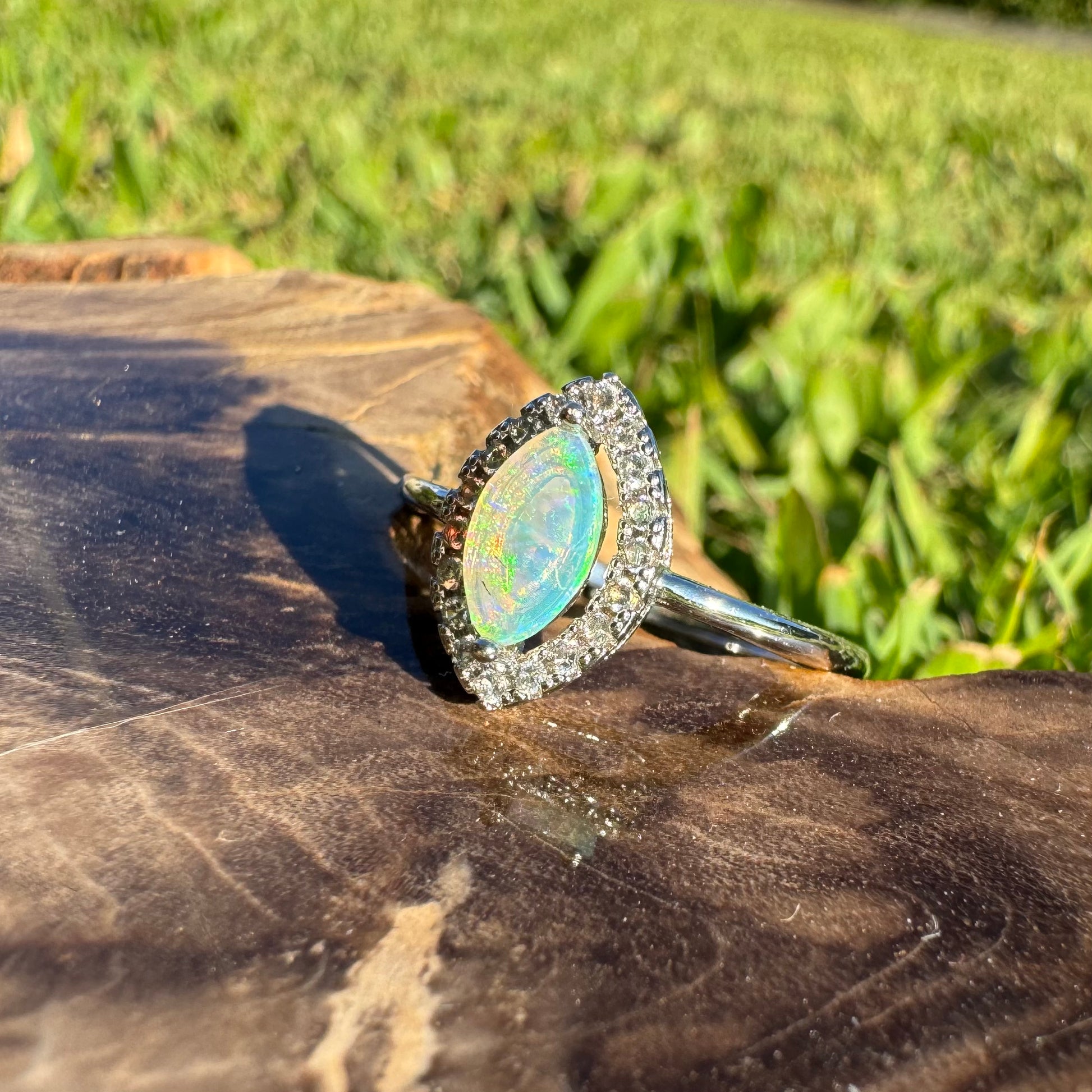 'Lagoon Blues' ~ Handcrafted 0.3ct Solid Lightning Ridge Opal and Cubic Zirconia Sterling Silver Ring - Iona Opal Australia