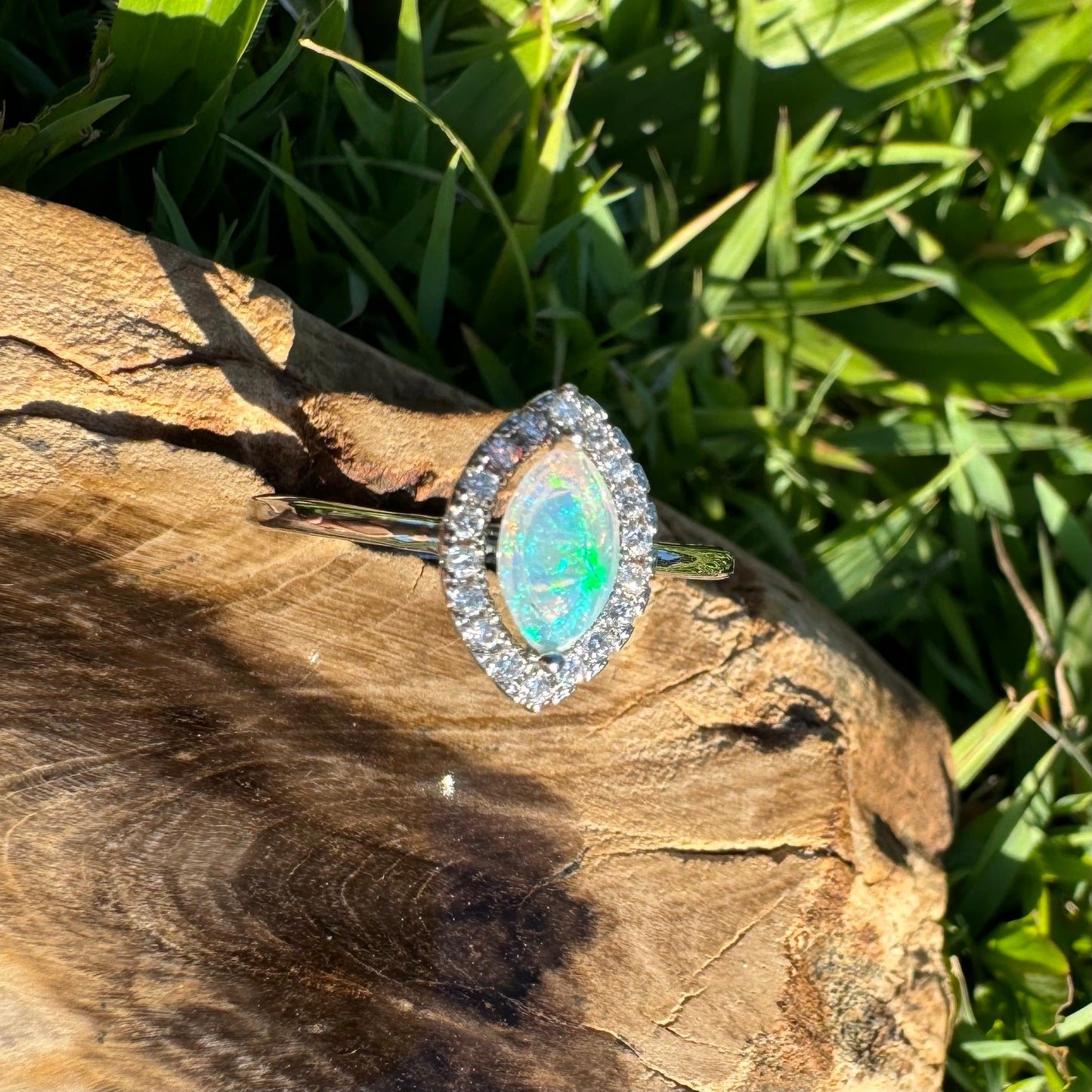 'Lagoon Blues' ~ Handcrafted 0.3ct Solid Lightning Ridge Opal and Cubic Zirconia Sterling Silver Ring - Iona Opal Australia