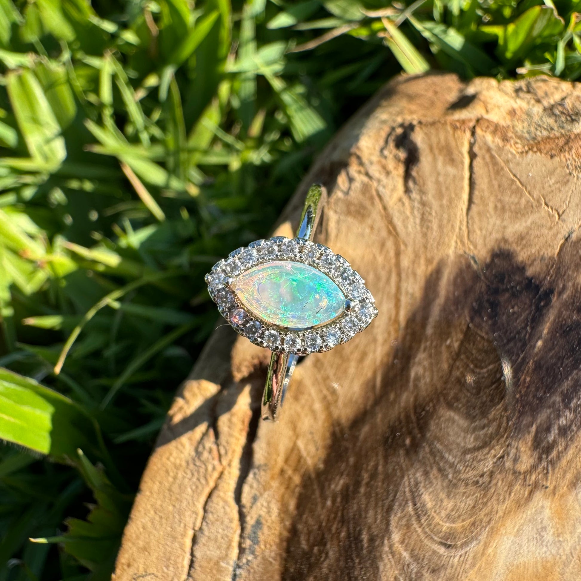 'Lagoon Blues' ~ Handcrafted 0.3ct Solid Lightning Ridge Opal and Cubic Zirconia Sterling Silver Ring - Iona Opal Australia