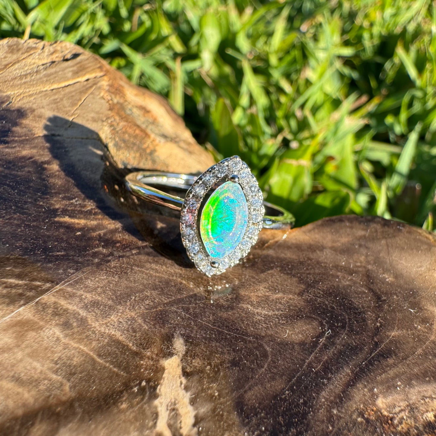 'Lagoon Blues' ~ Handcrafted 0.3ct Solid Lightning Ridge Opal and Cubic Zirconia Sterling Silver Ring - Iona Opal Australia