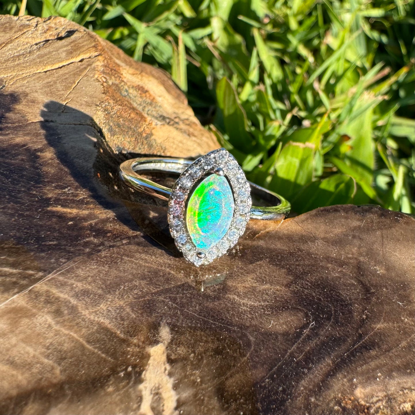 'Lagoon Blues' ~ Handcrafted 0.3ct Solid Lightning Ridge Opal and Cubic Zirconia Sterling Silver Ring - Iona Opal Australia