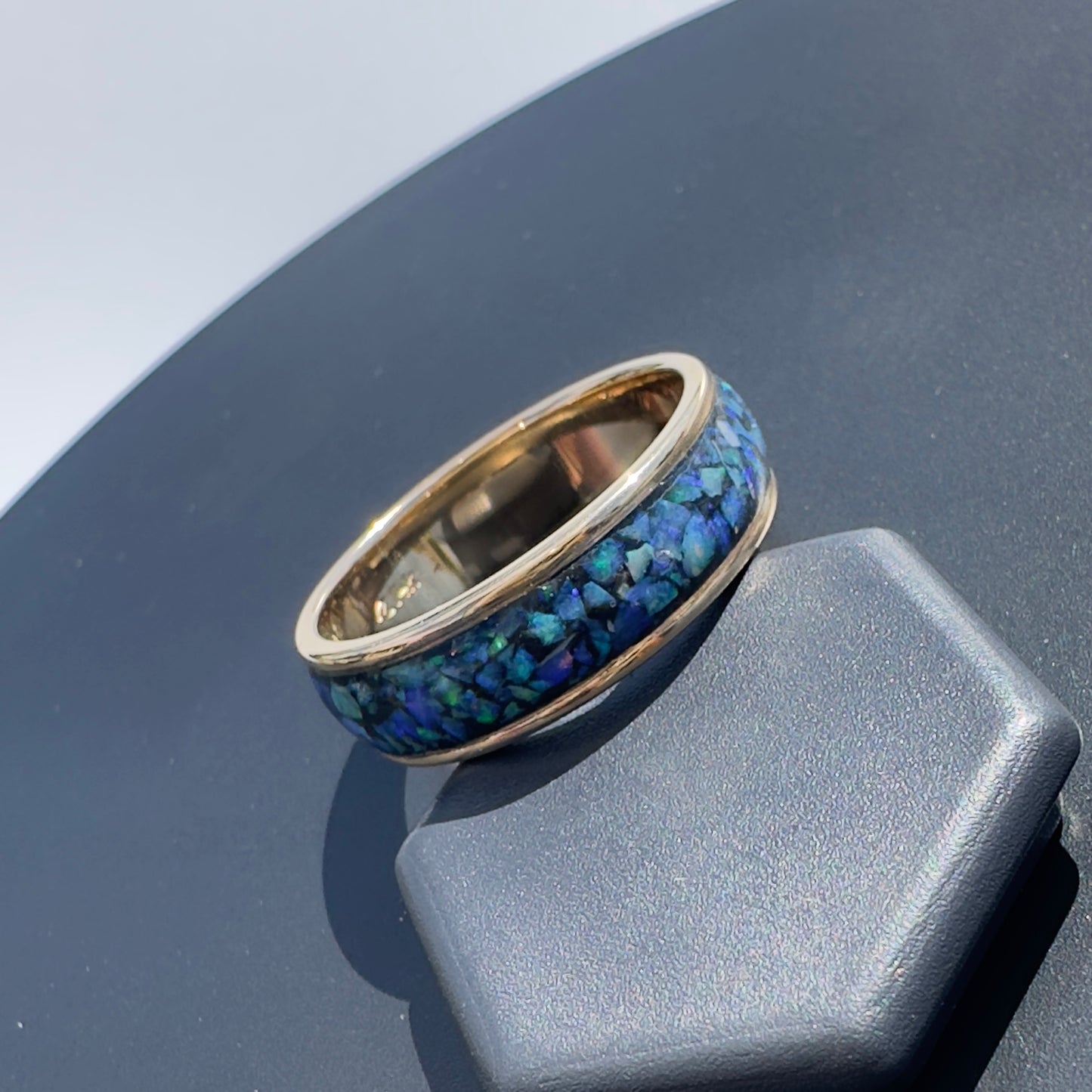 Handmade 14K Yellow Gold Inlay Australian Mintabie Opal Ring | Yellow Gold Australian Opal Ring | Iona Opal Australia