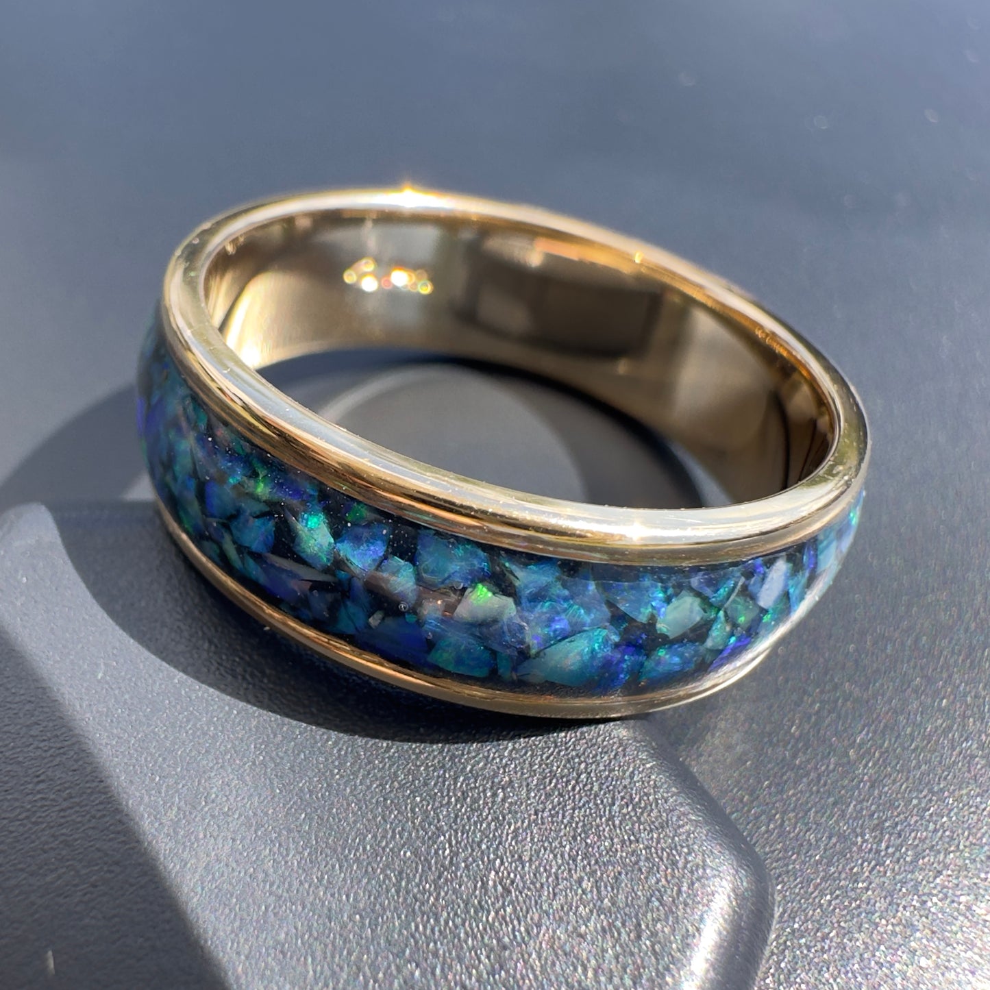 Handmade 14K Yellow Gold Inlay Australian Mintabie Opal Ring | Yellow Gold Australian Opal Ring | Iona Opal Australia