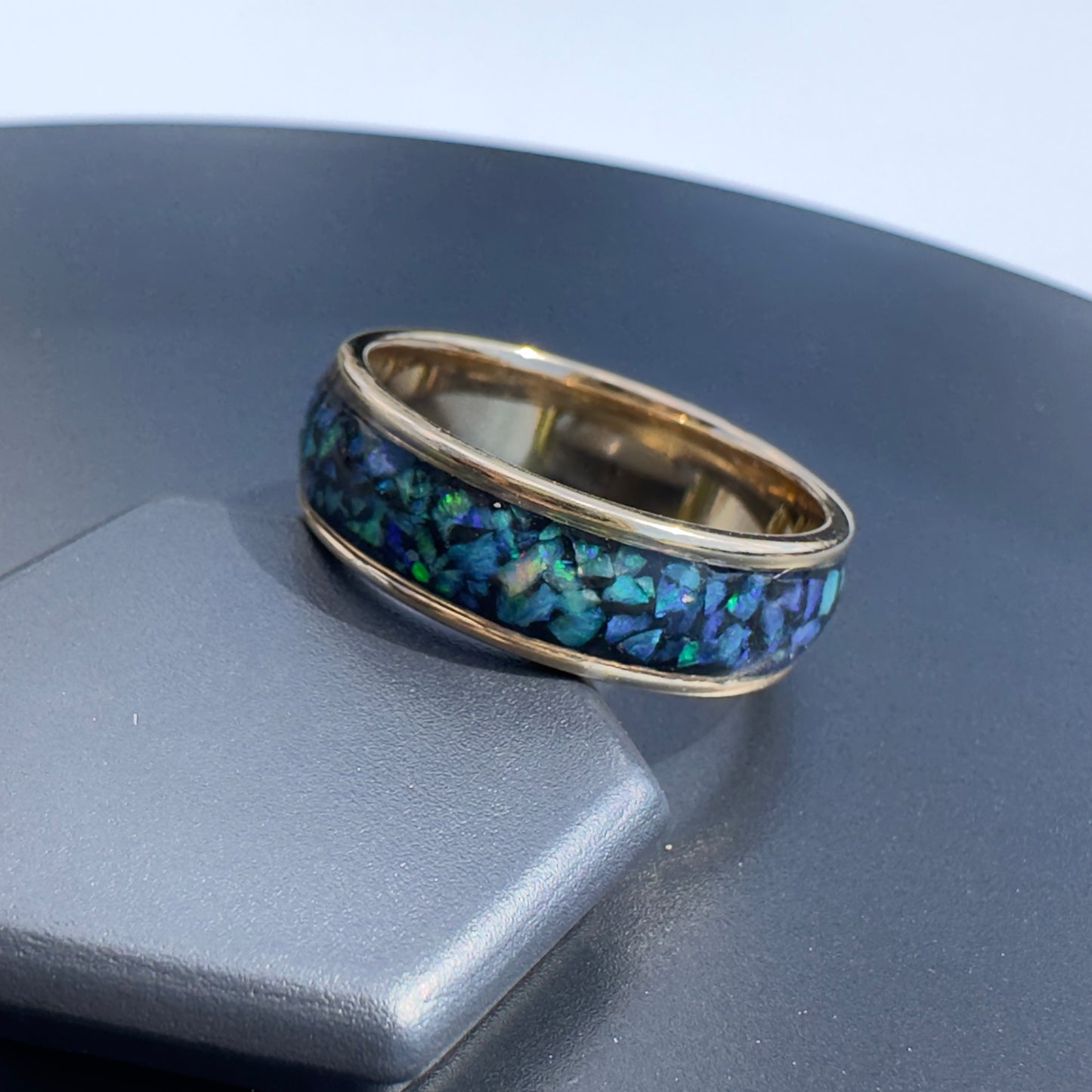 Handmade 14K Yellow Gold Inlay Australian Mintabie Opal Ring | Yellow Gold Australian Opal Ring | Iona Opal Australia