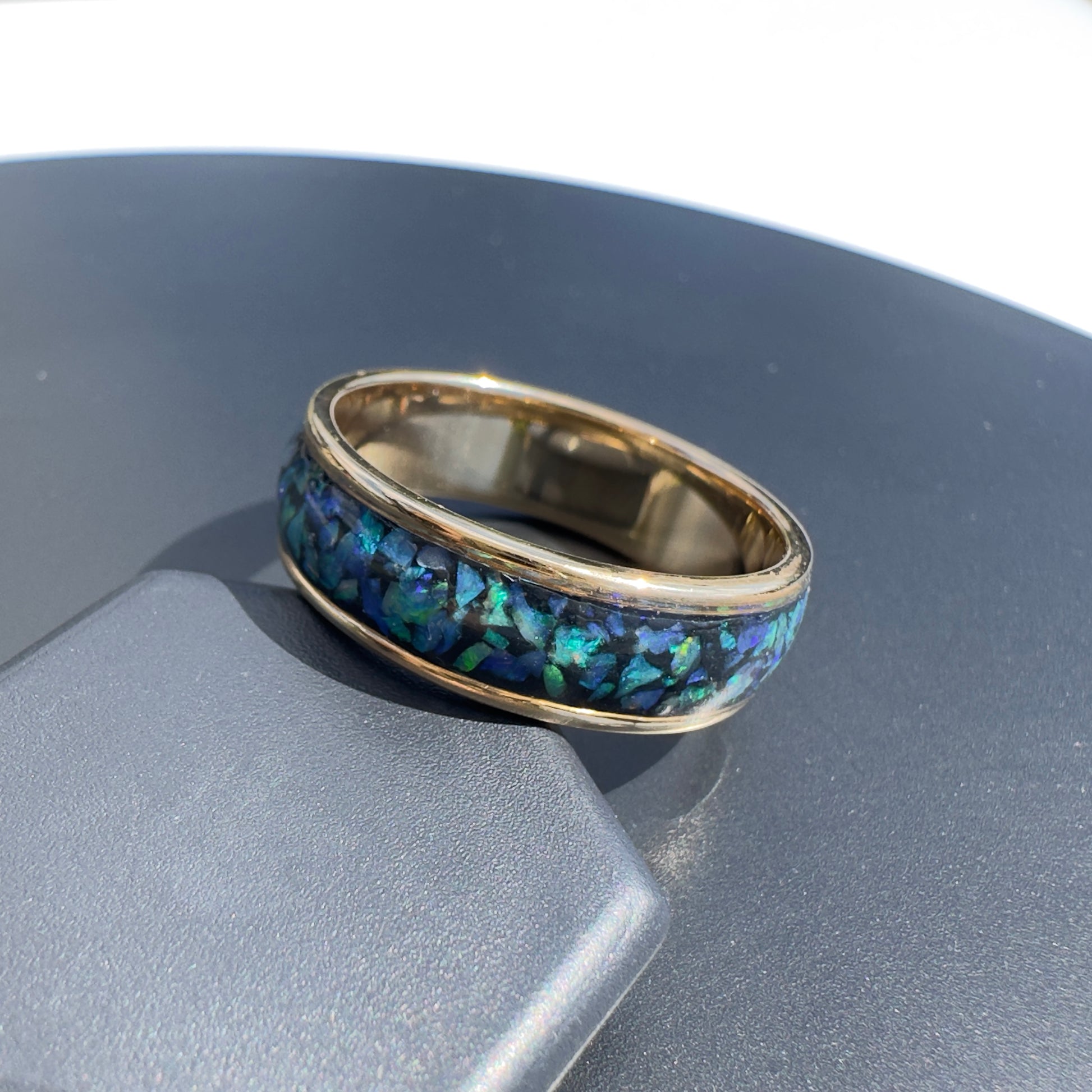 Handmade 14K Yellow Gold Inlay Australian Mintabie Opal Ring | Yellow Gold Australian Opal Ring | Iona Opal Australia