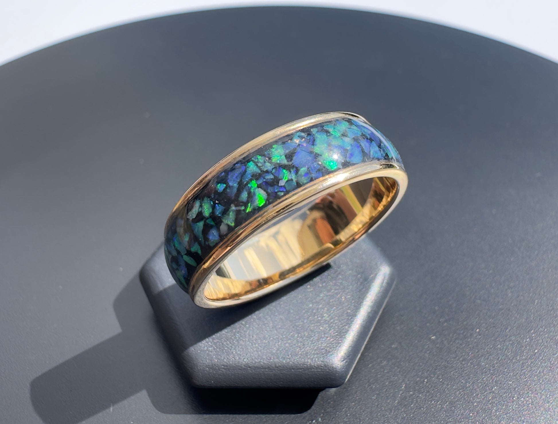 Handmade 14K Yellow Gold Inlay Australian Mintabie Opal Ring | Yellow Gold Australian Opal Ring | Iona Opal Australia