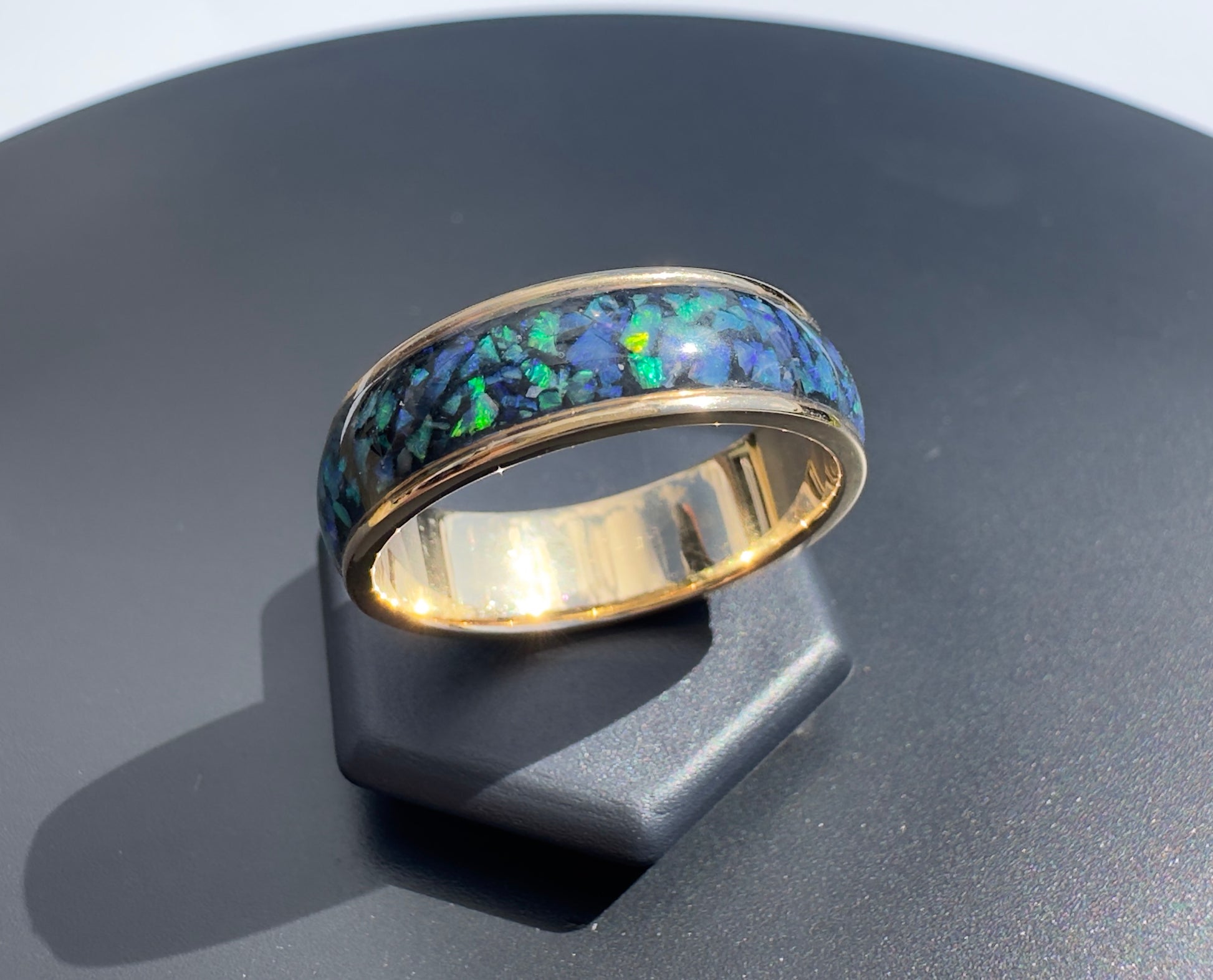 Handmade 14K Yellow Gold Inlay Australian Mintabie Opal Ring | Yellow Gold Australian Opal Ring | Iona Opal Australia