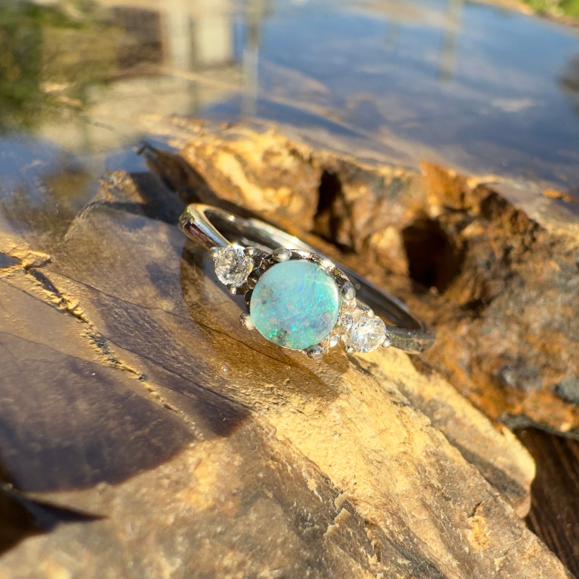 'Opal Rains' ~ Handcrafted 0.9ct Solid Queensland Boulder Opal and Cubic Zirconia Sterling Silver Ring - Iona Opal Australia