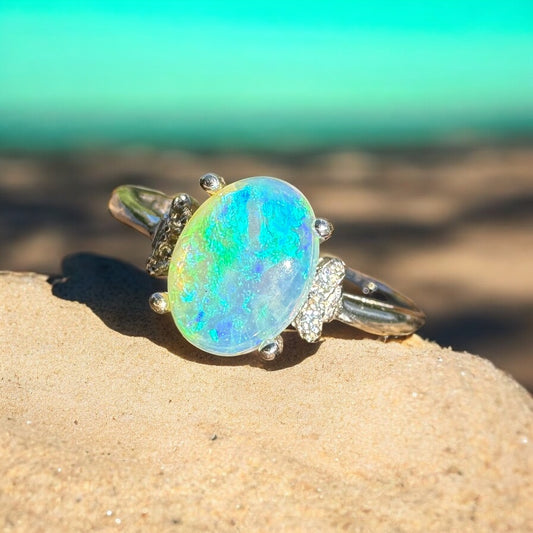 ‘Heart of the Harbour' ~ Handcrafted 1ct Solid Lightning Ridge Crystal Opal and Cubic Zirconia 925 Silver Ring