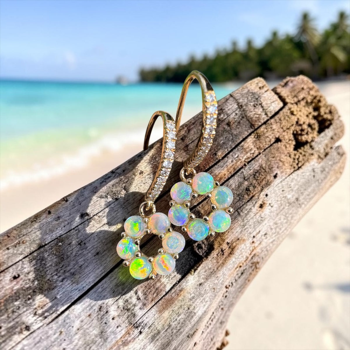 1.2ct Lightning Ridge Opal & Diamond Flower Hook Earrings ~ 'Bright Blossom Gold' | 14ct Yellow Gold | Solid Australian Opal