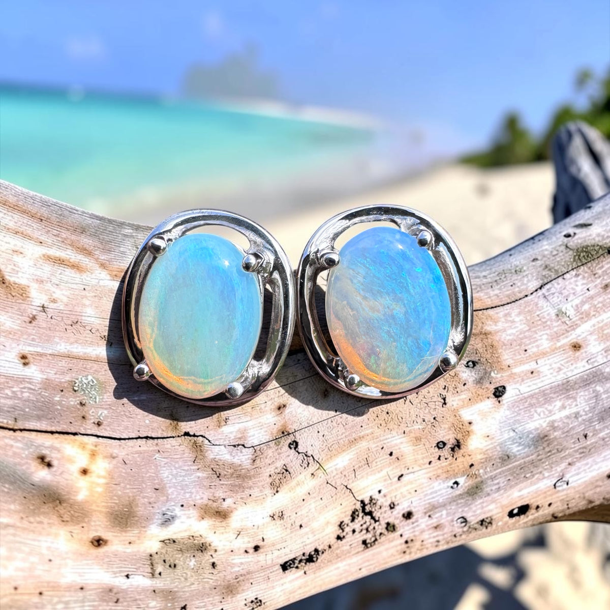 0.7ct Coober Pedy Crystal Opal Stud Earrings ~ 'Jenolan Blues' | 925 Sterling Silver | Solid Australian Opal