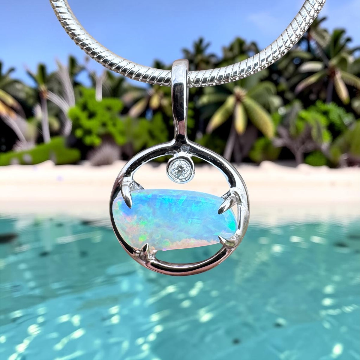 0.5ct Lightning Ridge Crystal Opal & Diamond Pendant Necklace ~ 'Jervis Bay Shimmer' | 14ct White Gold | Solid Australian Opal