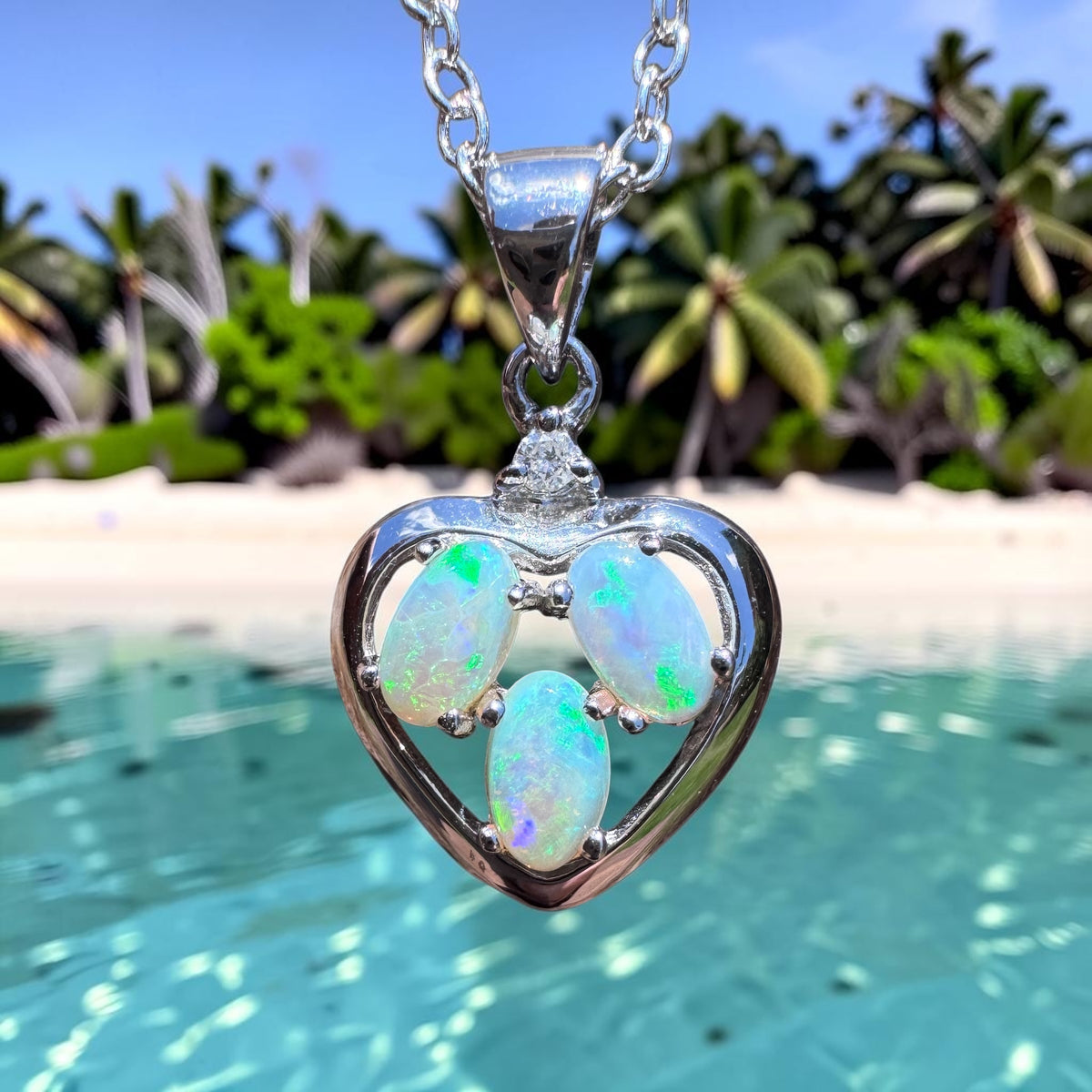 0.5ct Coober Pedy Opal & Diamond Heart Pendant Necklace ~ 'Lake Hillier Heart' | 14ct White Gold | Solid Australian Opal