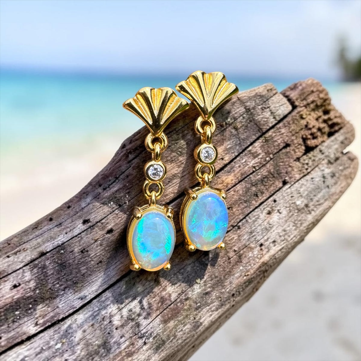 1ct Lightning Ridge Opal & Cubic Zirconia Stud Drop Earrings ~ 'Mission Beach Glow' | Yellow Gold Coated 925 Sterling Silver | Solid Australian Opal