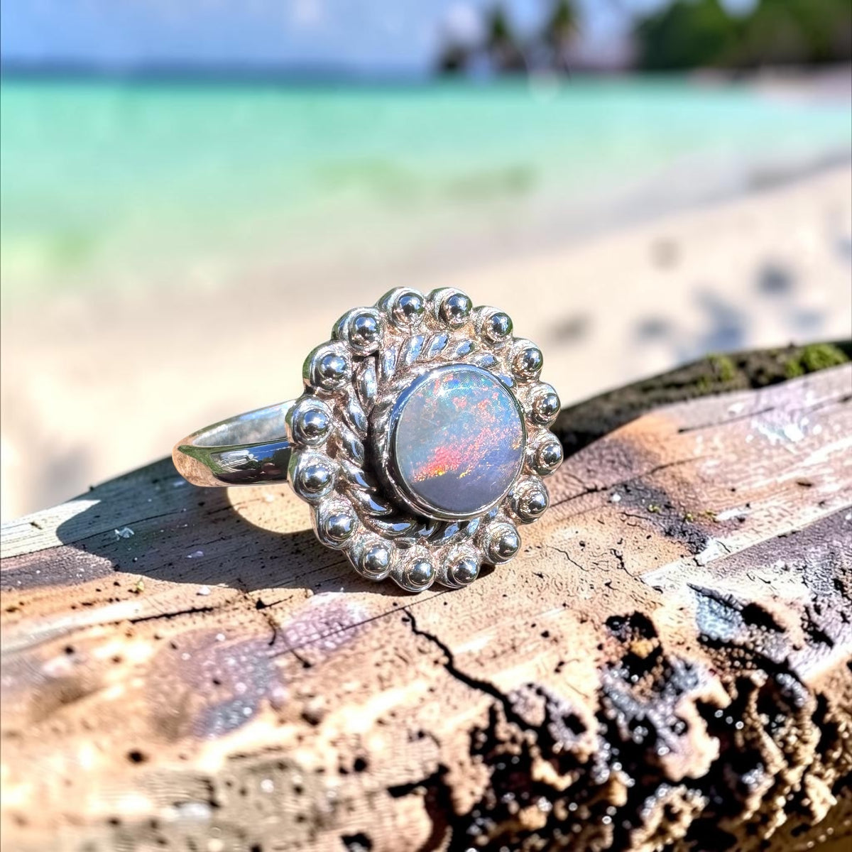 0.9ct Lightning Ridge Semi Black Opal Ring ~ 'Kakadu Ember' | 925 Sterling Silver | Solid Australian Opal