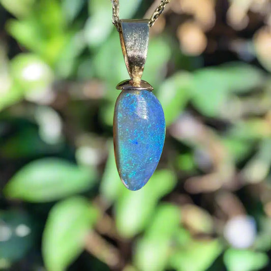 Blue opal pendant with gold chain from Airlie Waters handcrafted 9ct gold jewelry